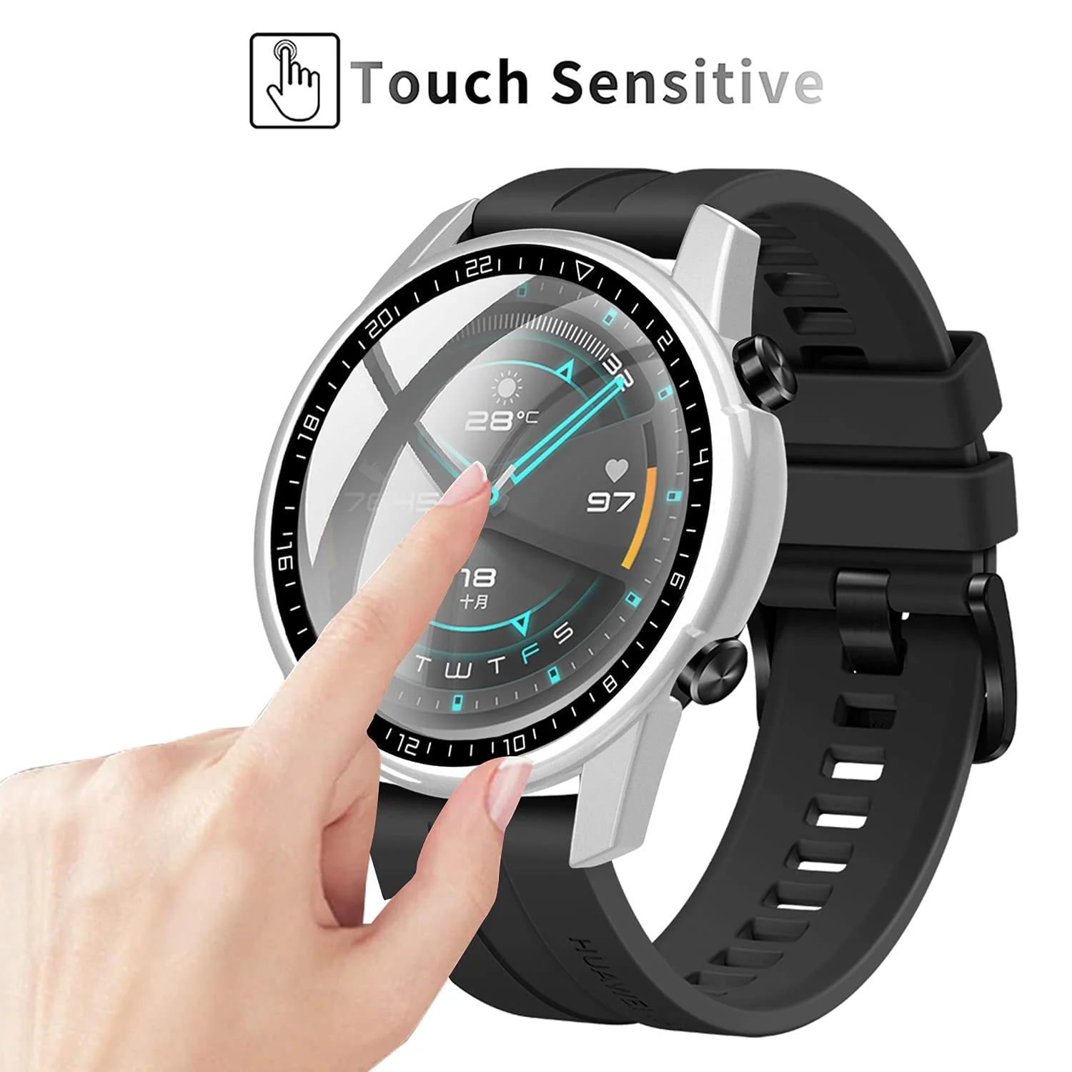 DL3 Mobilak Case Compatible with Huawei Watch GT2 46mm PC Cover with Bezel Tempered Glass Protection, Ultra Thin Full Protection for Huawei Watch GT 2 46 mm Protective Case - Silver