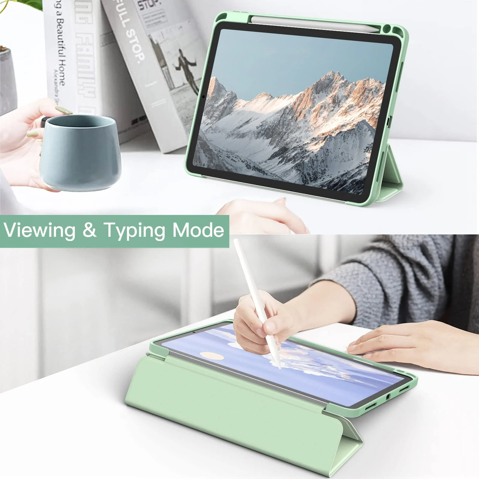 DL3 Mobilak Case for For iPad Air 11-Inch M2 (2024), iPad Air 5/4 (2022/2020 5th/4th 10.9-Inch), Clear Shockproof Back Cover Built-in Pencil Holder, Auto Sleep/Wake - Mint Green