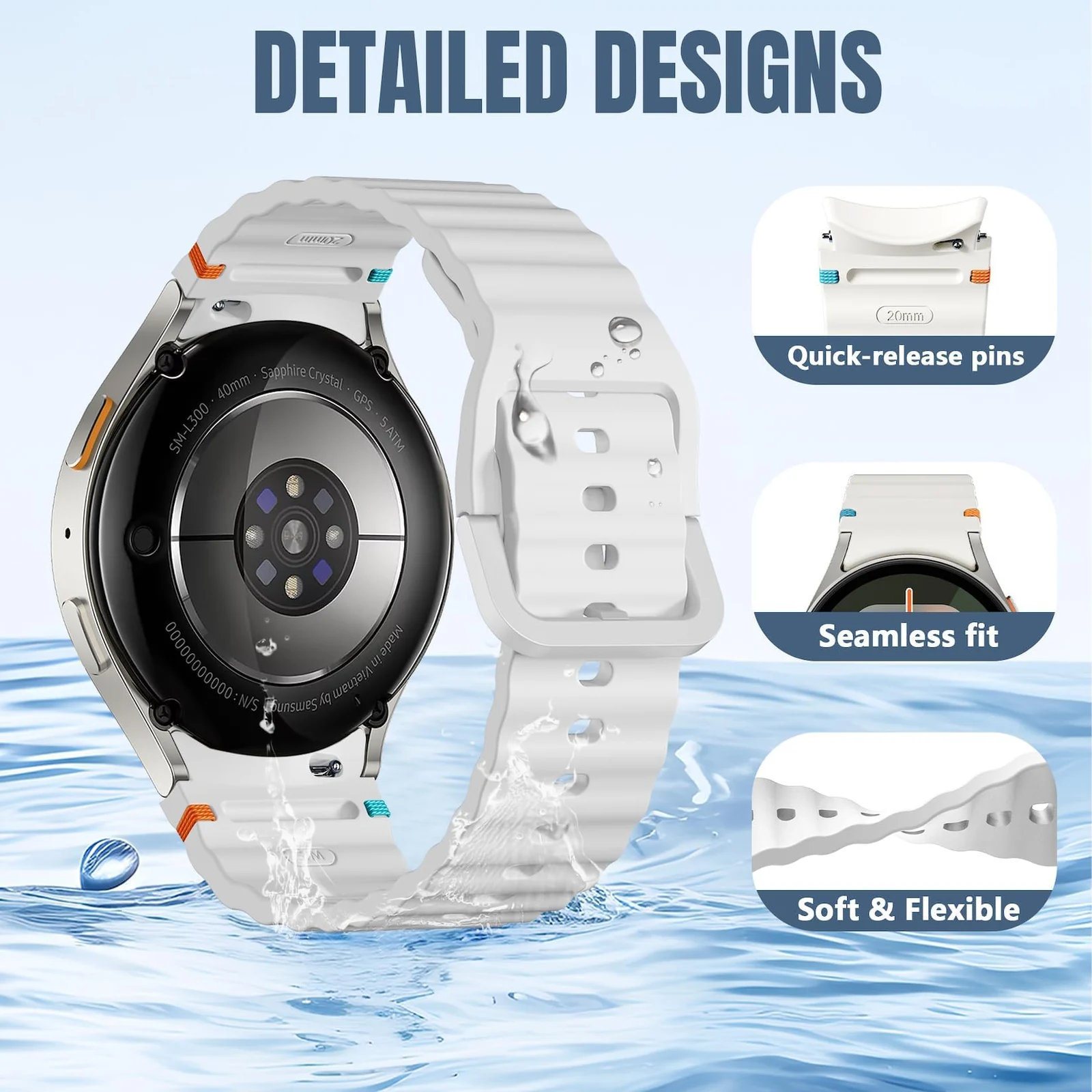 DL3 Mobilak No Gap Sport Bands For Samsung Galaxy Watch 7 6 5 4 FE Strap 40mm 44mm, Soft Silicone Sport Band for Galaxy Watch 6 Classic Straps 47mm 43mm/Galaxy Watch 5 Pro/Watch 4 Classic 42mm 46mm for Men Women - White