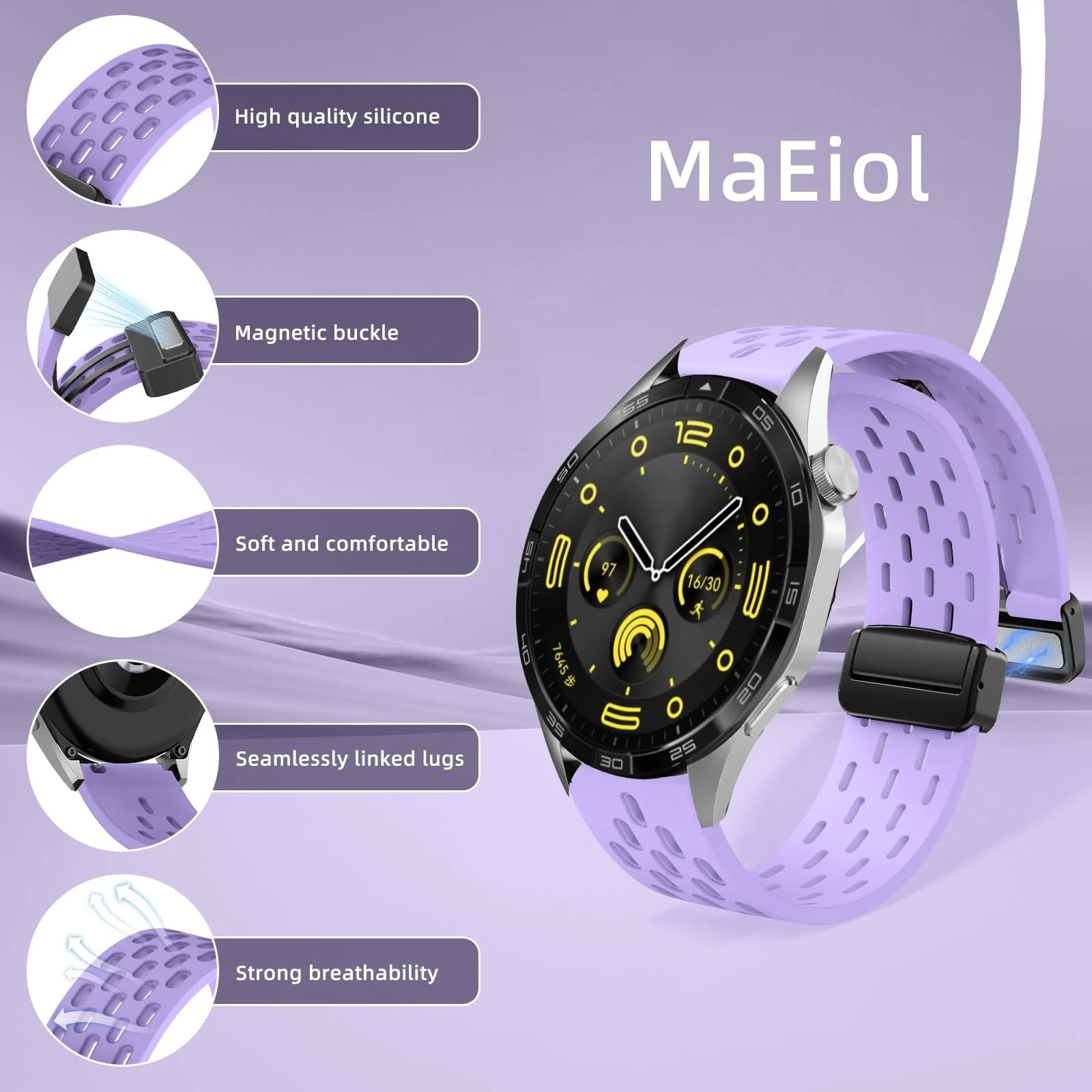 DL3 Mobilak 18mm Silicone Strap For Huawei Watch GT 6 41mm/GT 5 Pro 42 mm/GT 5 41mm/GT4 41 mm/Watch 5 42mm Magnetic Metal Buckle Sport Silicone Breathable Strap, Band Soft Replacment Wristband - Purple