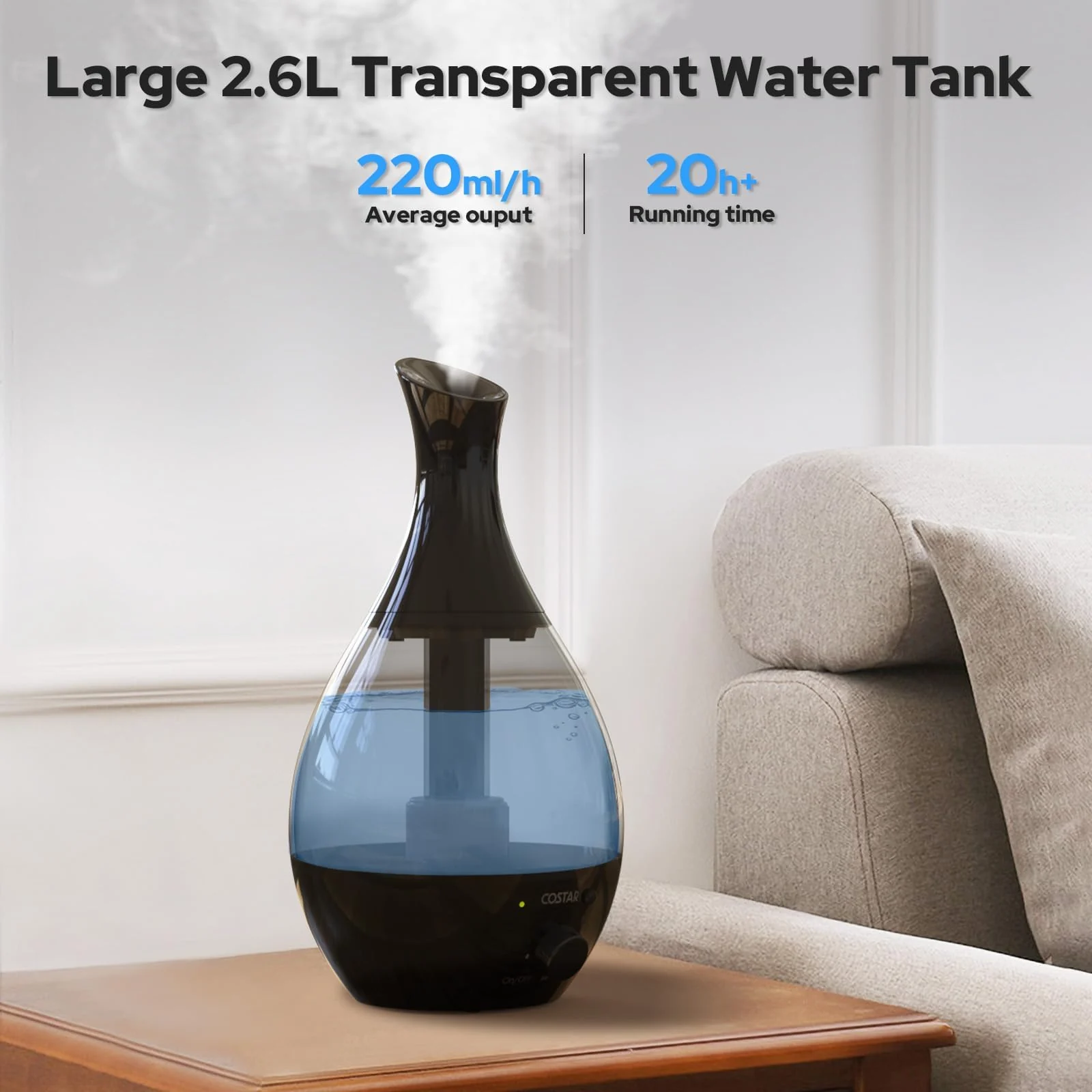 Mobigon 2.6 Litres Humidifier for Room, Cool Mist Ultrasonic Humidifier/Essential Oil Diffuser, Super Quiet 360°Nozzle, Colorful Change, Auto Shut Off&UV Light&, Lasts Up to 24 Hours - Black