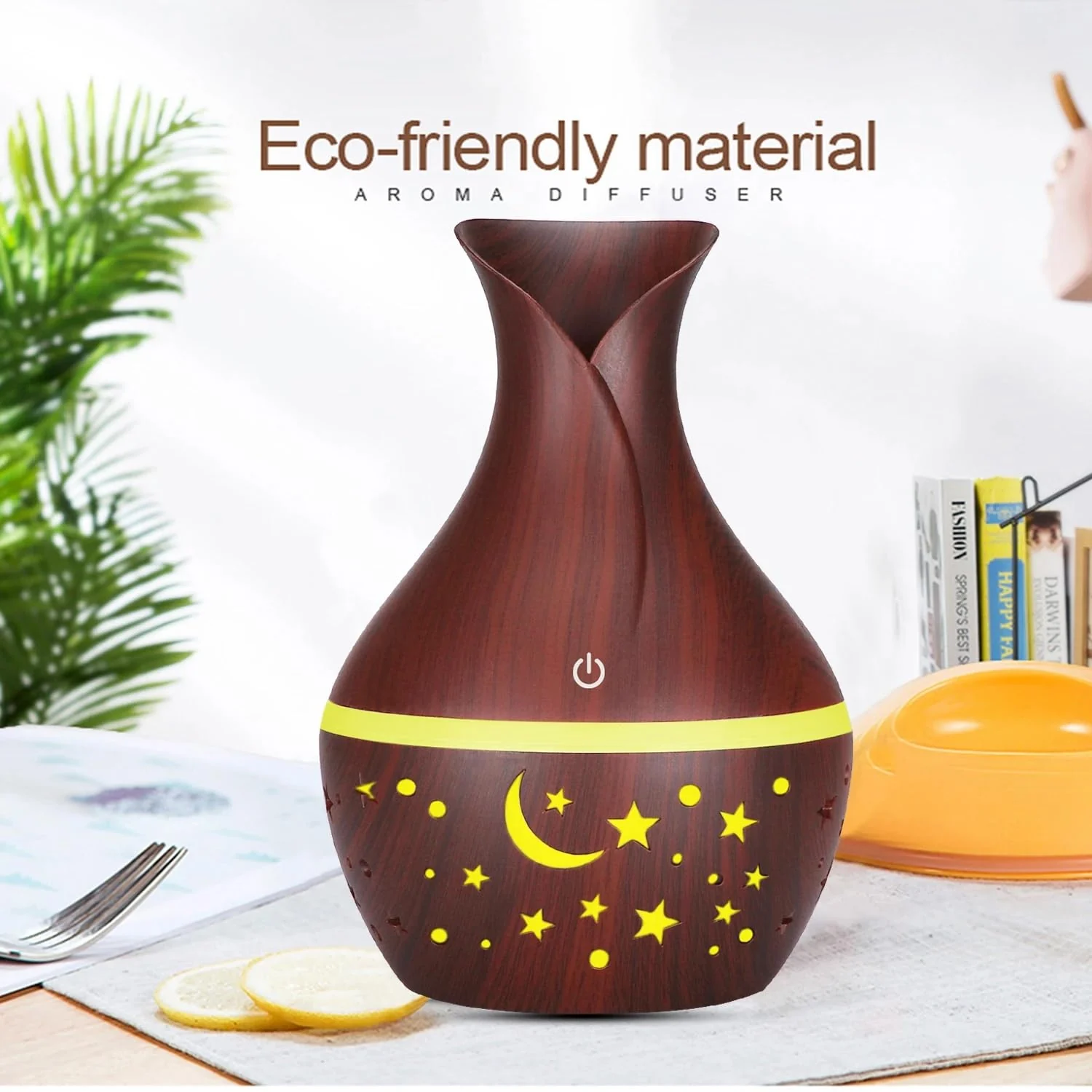 Mobigon Wood Cool Mist Ultrasonic Humidifier for Room Moisture, Aroma Diffuser for Home, 200ml Essential Oil Diffuser with 7 Colorful Night Light, Auto Shut-Off, Home, Office, car - H.Dark Brown