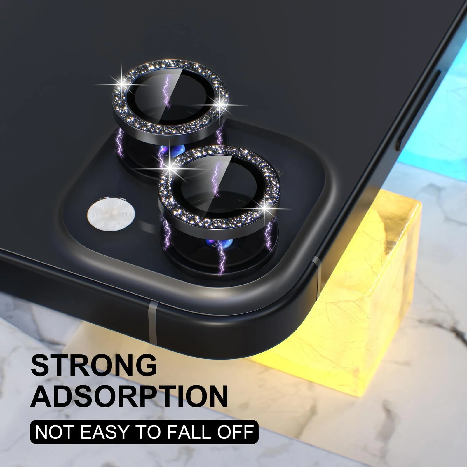 DL3 Mobilak Compatible with iPhone 15/15 Plus & iPhone 14/14 Plus Camera Lens Protector, Anti-Scratch HD Tempered Glass Lens Screen Protection Cover, Metal Individual Lens Ring - Glitter Black