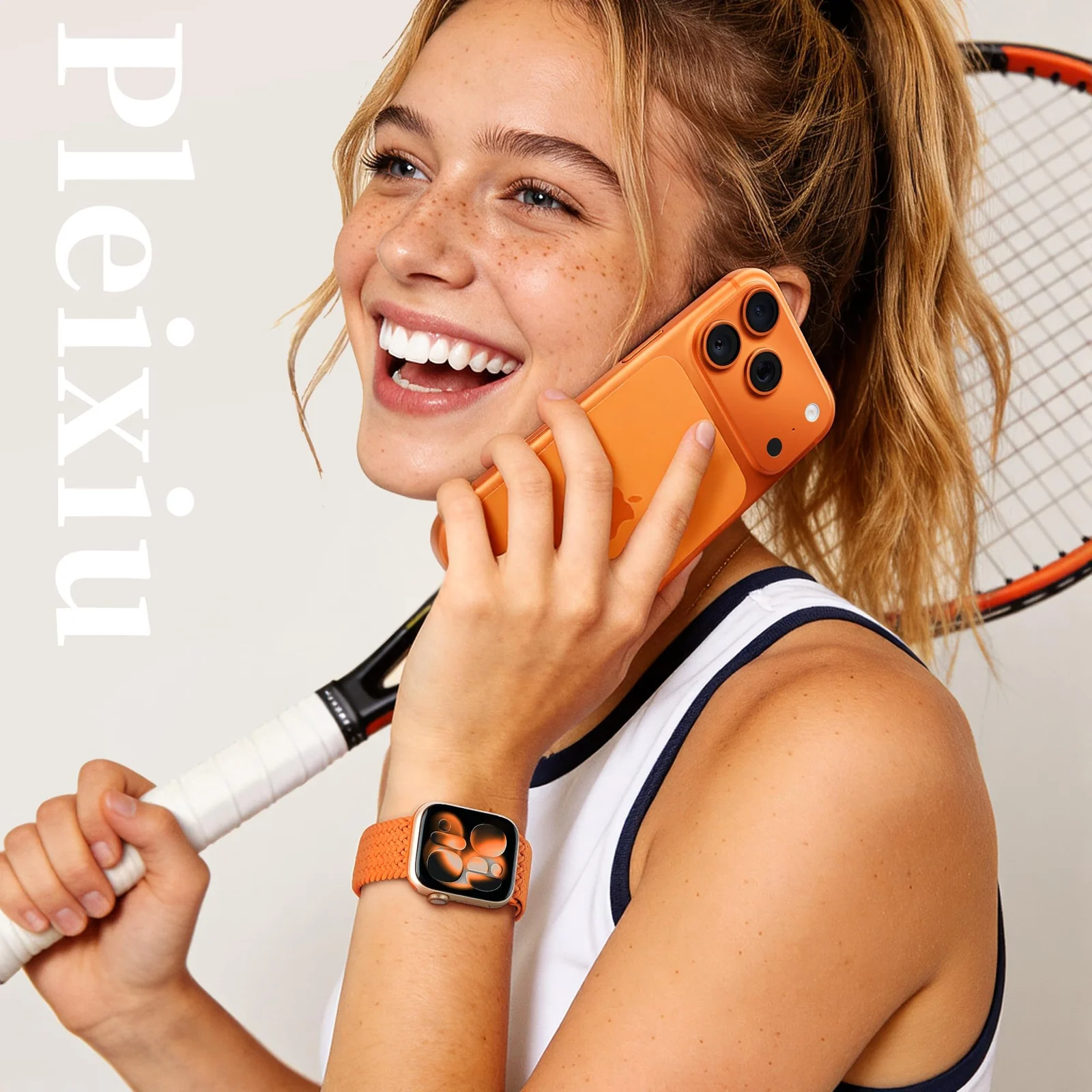 DL3 Mobilak Sport Solo Loop Compatible with Apple Watch Band 42mm 44mm 45mm 46mm 49mm for Women Men, Magnetic Strap Stretchy Braided Wristband for iWatch Series 11 10 9 8 7 6 5 4 3 Ultra 3 2 1 SE SE2 - Orange