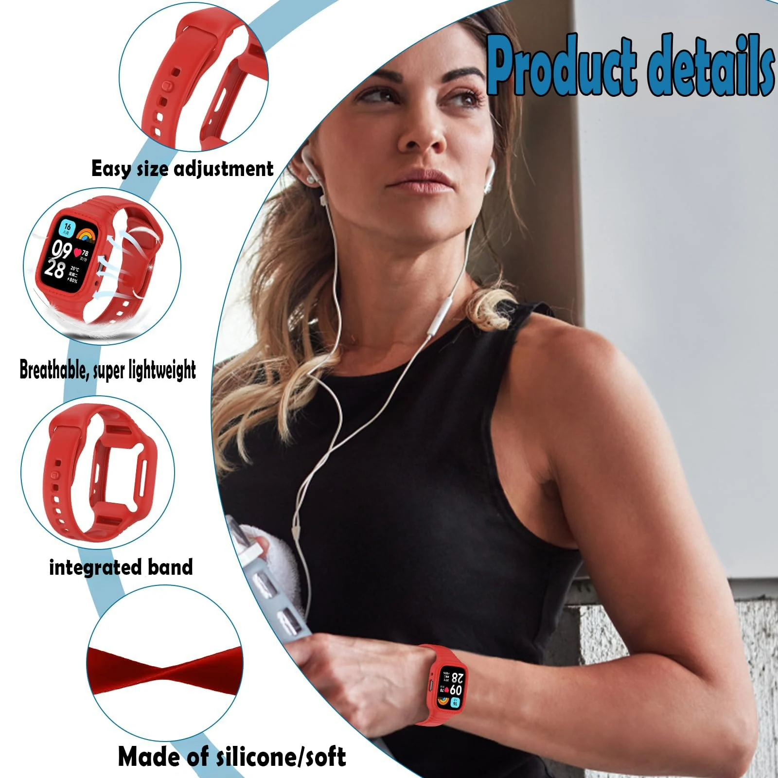 DL3 Mobilak Strap With Cover Compatible with Xiaomi Redmi Watch 3 Lite/Redmi Watch 3 Active, Silicone Sport Band Replacement Watchband with Bumper Case, Adjustable Wristband - Red