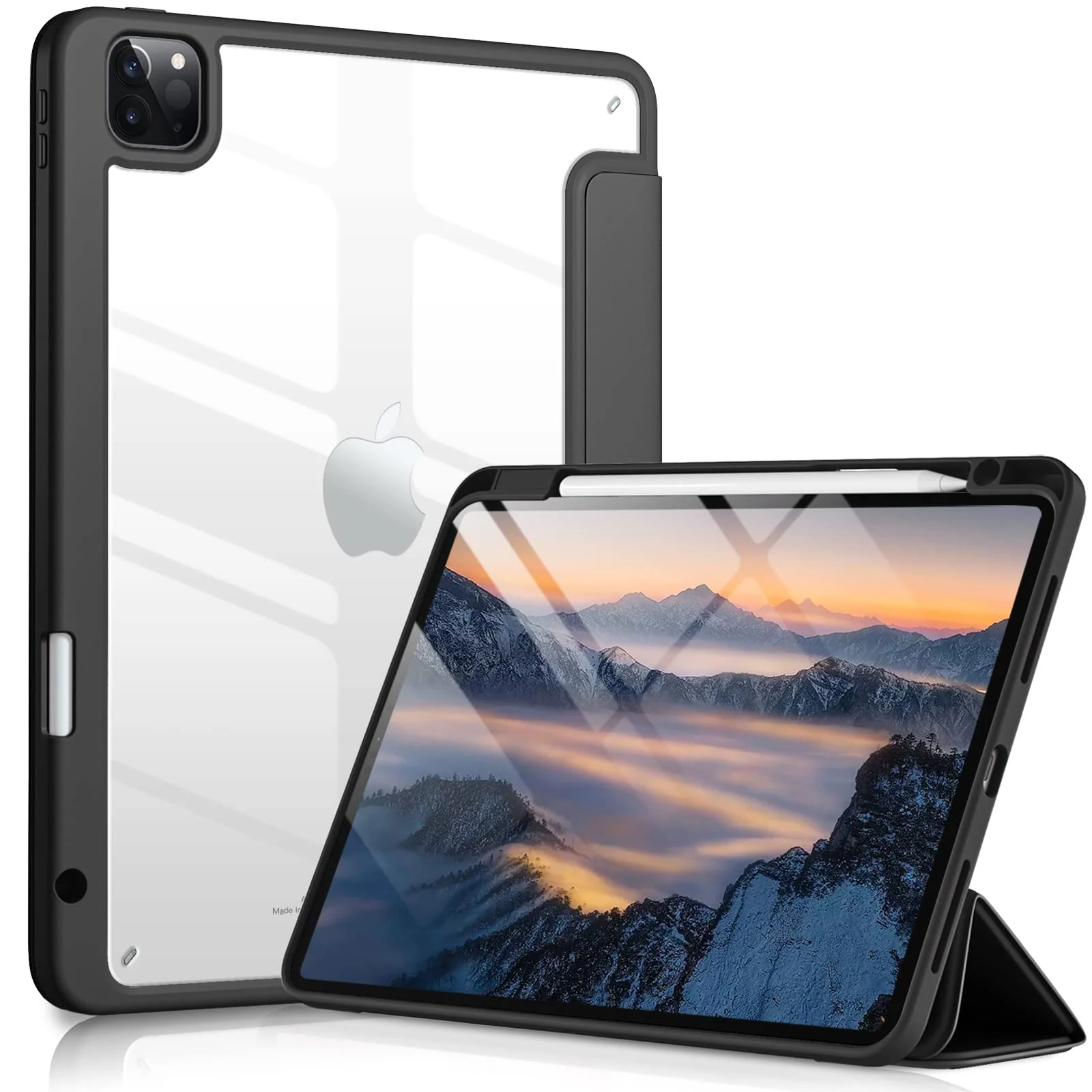 DL3 Mobilak for iPad Pro 12.9 Case 6th/5th/4th/3rd Generation 2022/2021/2020/2018, Clear Shockproof Back Cover Built-in Pencil Holder, Auto Sleep/Wake - Black