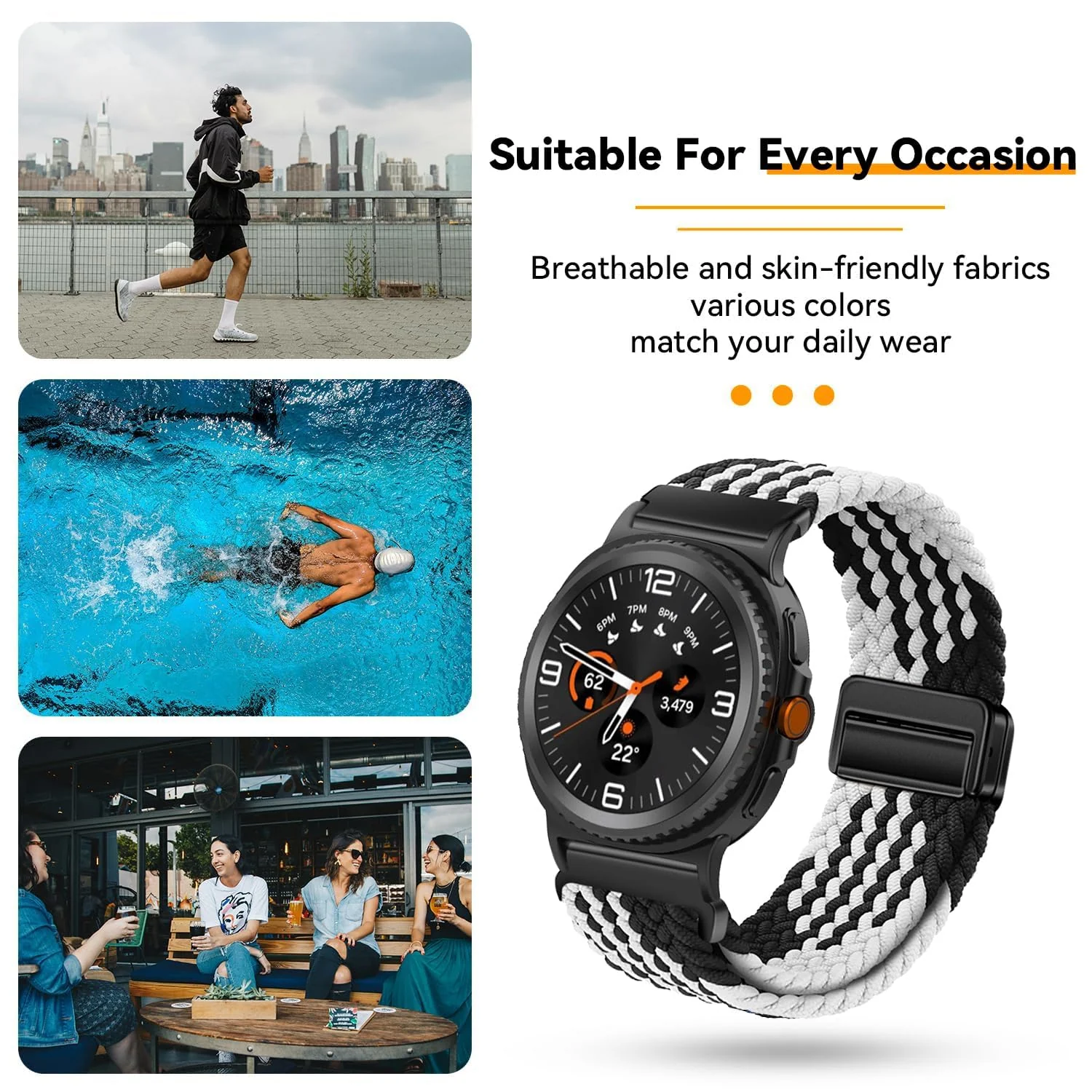 DL3 Mobilak 22mm Magnetic Band for Redmi Watch 5 Active/5 Lite/Samsung Galaxy Watch 3 45mm/Watch 46mm/Gear S3/Huawei watch GT6 GT5 46MM/GT2E/GT6 Pro/GT 5 Pro/Amazfit GTR 4/3, Stretchy Braided Nylon Sport Strap - White-black