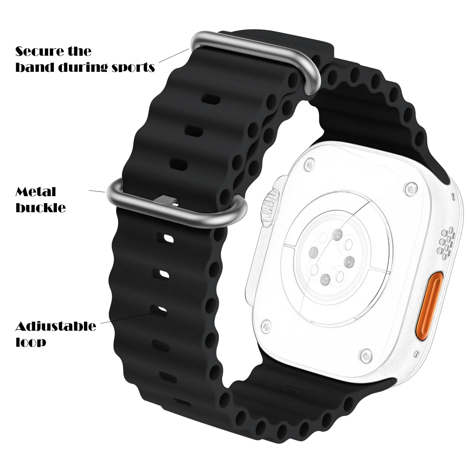 DL3 Mobilak Ocean Band with Case For Apple Watch Ultra 49mm, Adjustable Silicone Sport Loop Ocean Strap Men Women Strap With Protective Cover Screen Shockproof for iWatch Ultra 2 49mm - Black