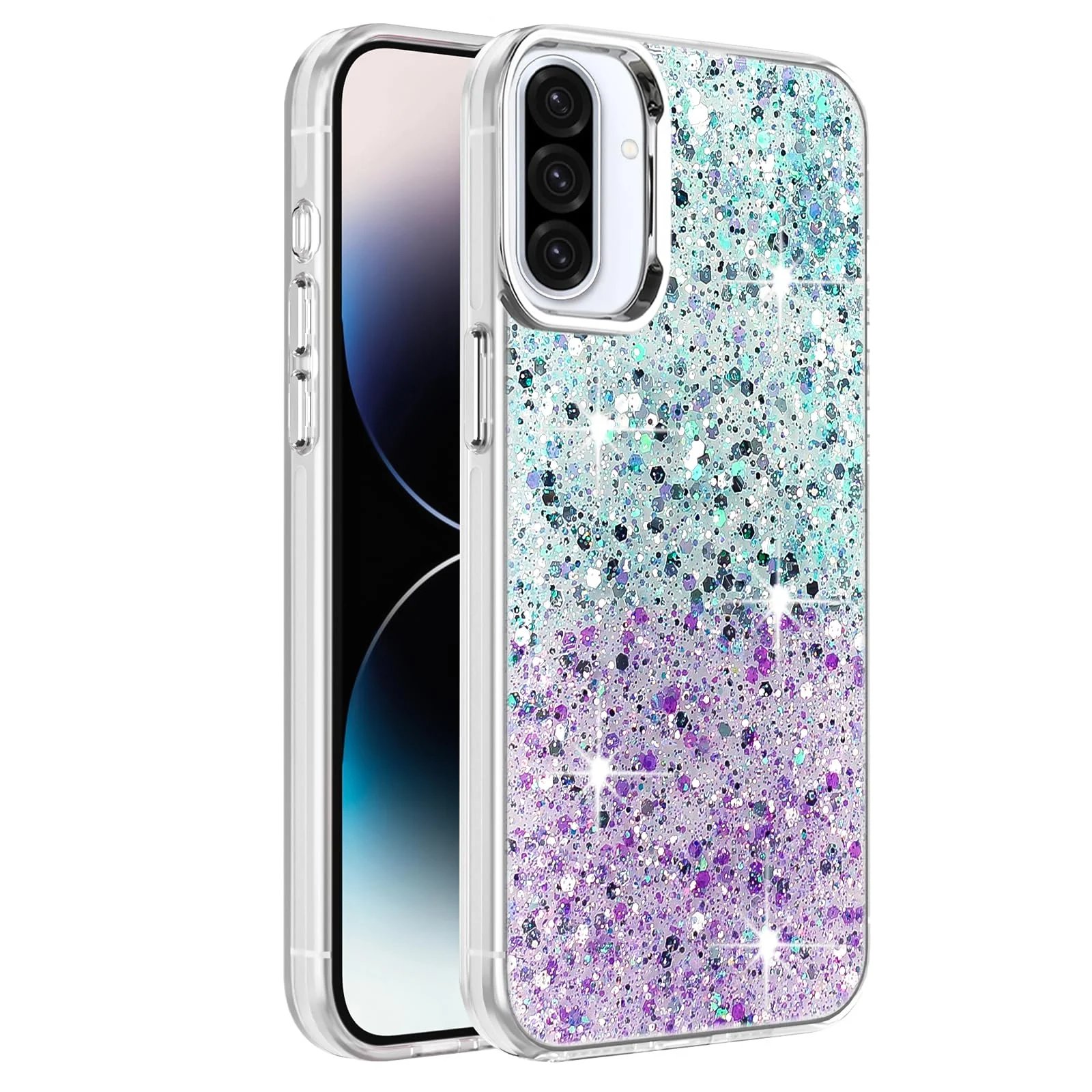 DL3 Mobilak Compatible with Samsung Galaxy A36 5G&Samsung Galaxy A56 5G Case, Clear Glitter Bling Sparkly, Soft TPU Frame Bumper, Hard-Back Cover for Women&Girls, Transparent Protective - Green Purple
