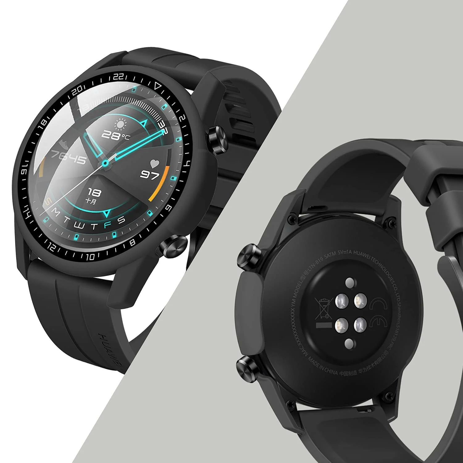 DL3 Mobilak Case Compatible with Huawei Watch GT2 46mm PC Cover with Bezel Tempered Glass Protection, Ultra Thin Full Protection for Huawei Watch GT 2 46 mm Protective Case - Black