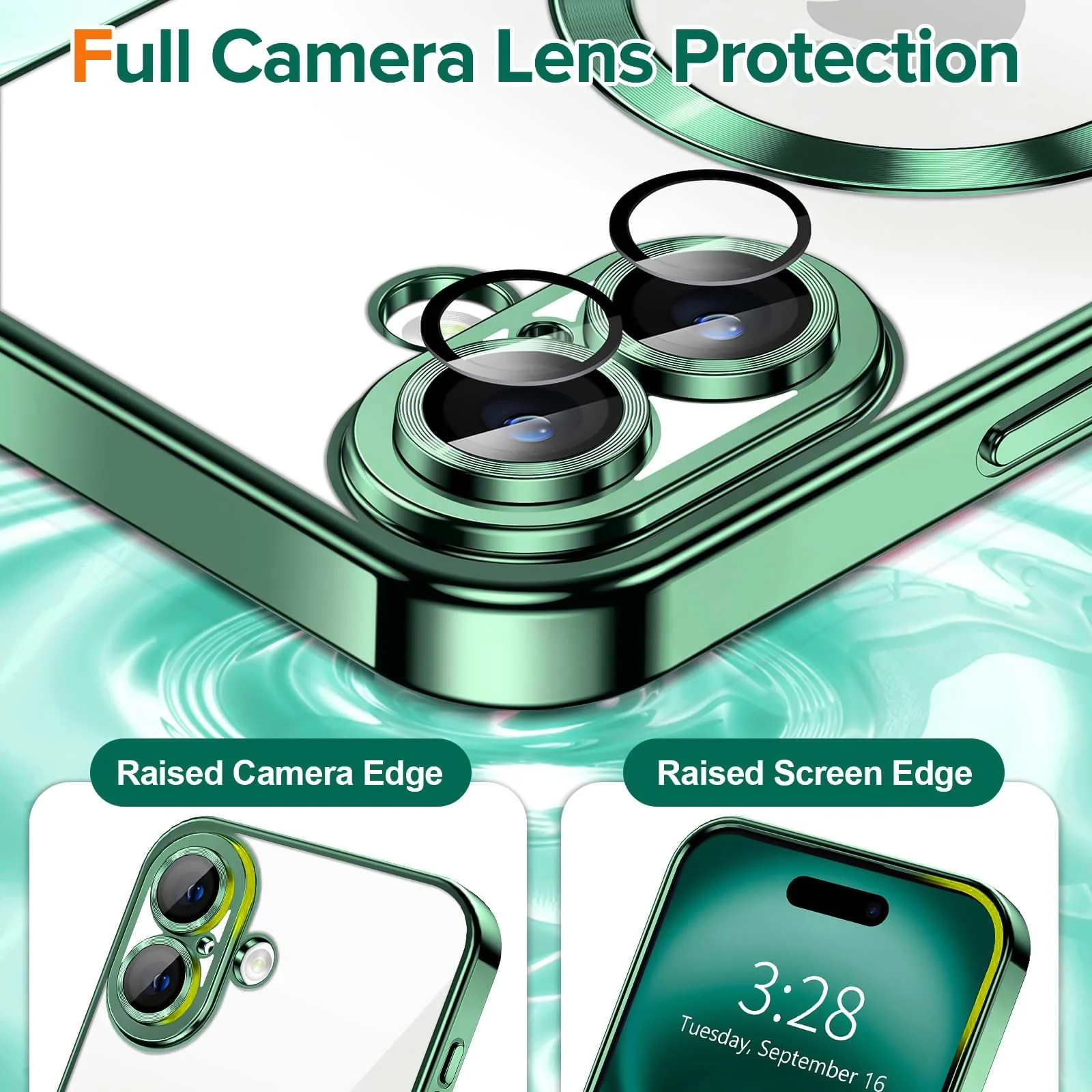 DL3 Mobilak Soft Clear Case for iPhone 16 6.1, Camera Lens Full Protection, Compatible with MagSafe Wireless Charging, Shockproof Electroplated TPU Phone Cover - Green