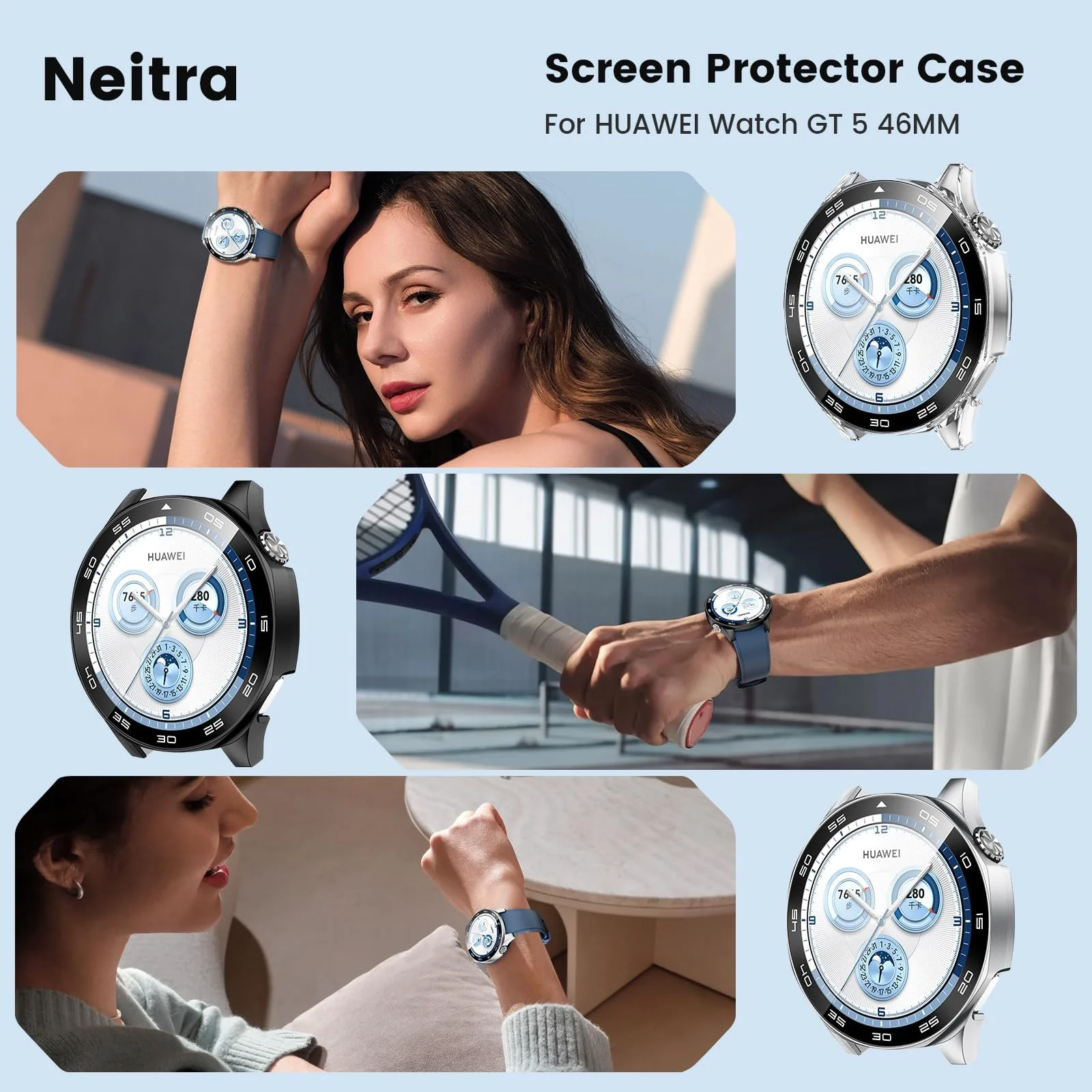 DL3 Mobilak Protective Case for Huawei Watch GT 5 46mm, Hard PC Bumper Cover with Built-in Tempered Glass Screen Protector Shell Cover Full Coverage Scratchproof with Scale - Clear