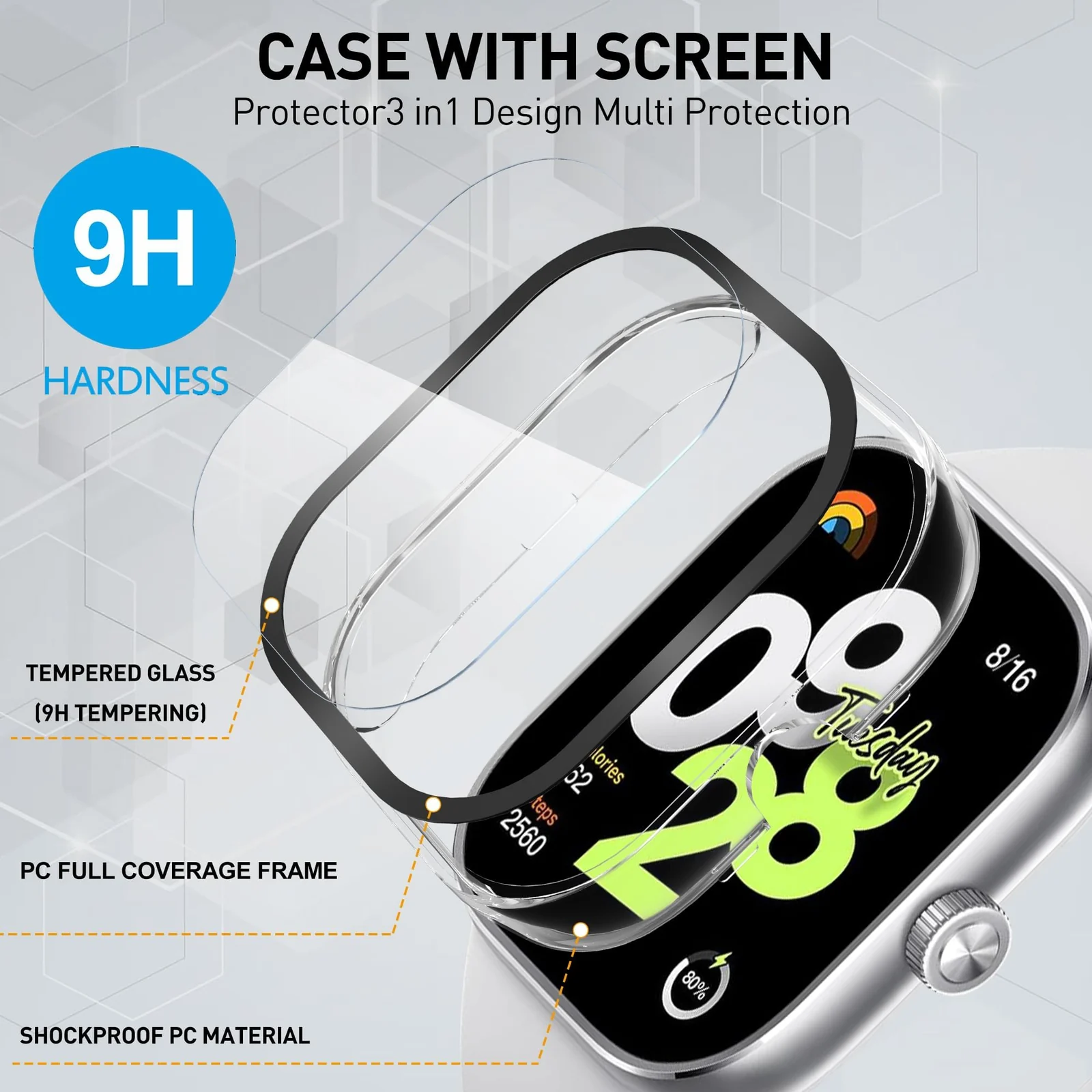 DL3 Mobilak For Xiaomi Redmi Watch 4 Case with Tempered Glass Screen Protector for xiaomi redmi Watch 4, 9H Hardness 360° All-Round Protective Ultra Thin Protective PC Case - Clear