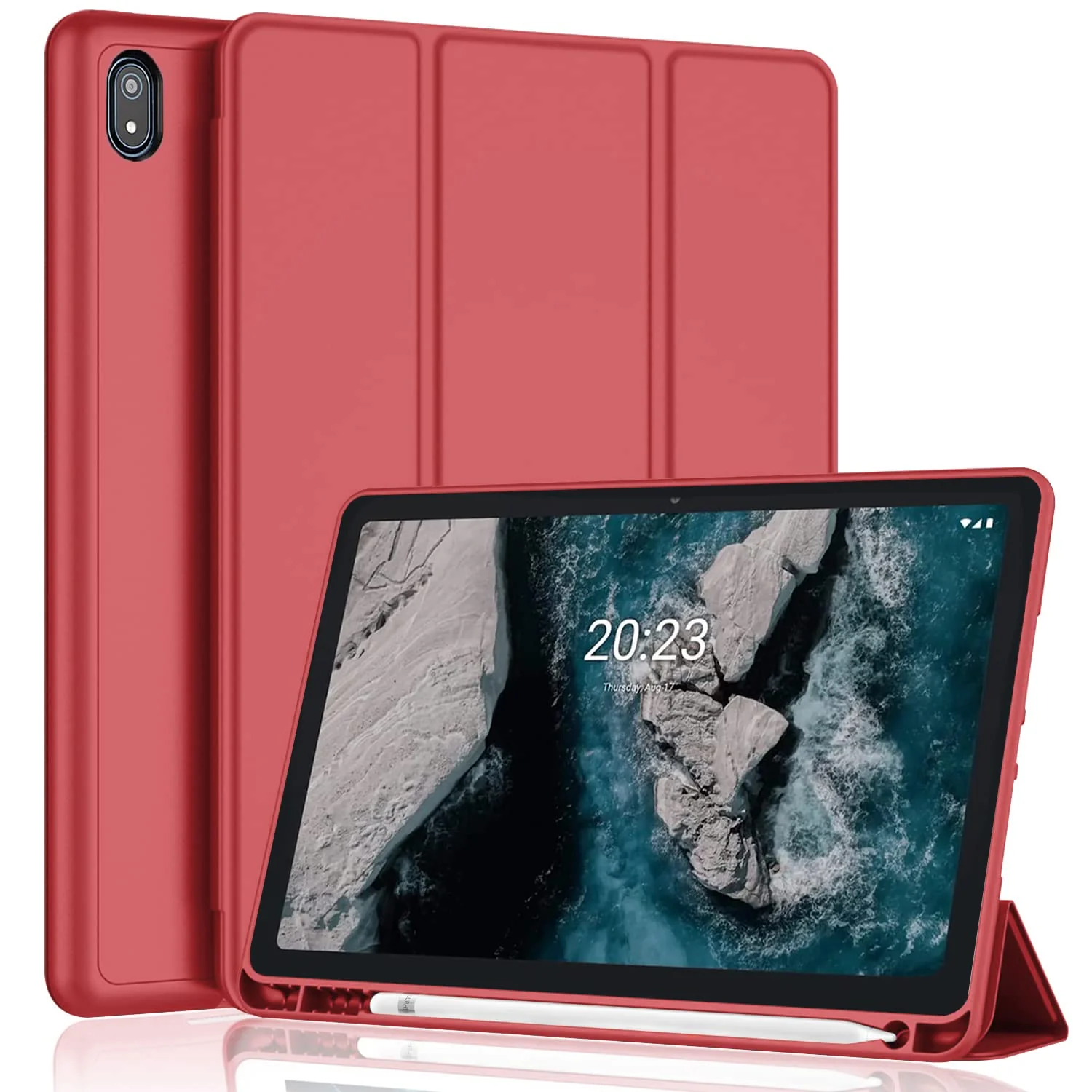 DL3 Mobilak Smart Case for Nokia T20 Tablet with Pencil Holder, Soft TPU Smart Stand Back Cover Auto Wake/Sleep Feature - Red