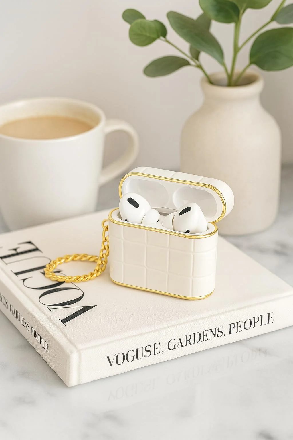 DL3 Mobilak Luxury AirPods 3 Case with Gold Chain, Crocodile Pattern PU Leather Protective Cover for Apple AirPod 3rd Generation 2021, Shockproof, Stylish Gift for Women & Men - Pearl White