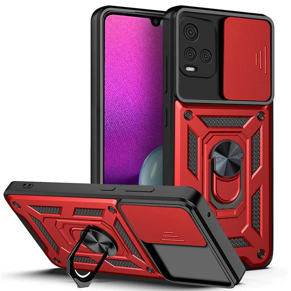 DL3 Mobilak Military-Grade Protective Case with Sliding Camera Cover, Metal Ring Kickstand and Magnetic Car-Mount Support for vivo Y33S 4G / vivo Y21s / vivo Y21 - Red