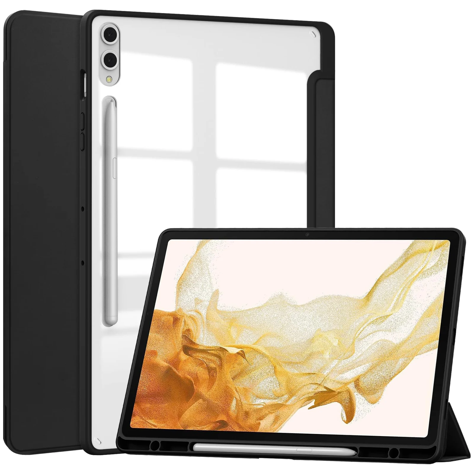 DL3 Mobilak Case for Samsung Galaxy Tab S10 Plus/Tab S9 Plus 12.4-Inch with S Pen Holder, Clear Transparent PC Back, Shockproof Tri-Fold Stand Tablet Cover, Auto Wake/Sleep - Black