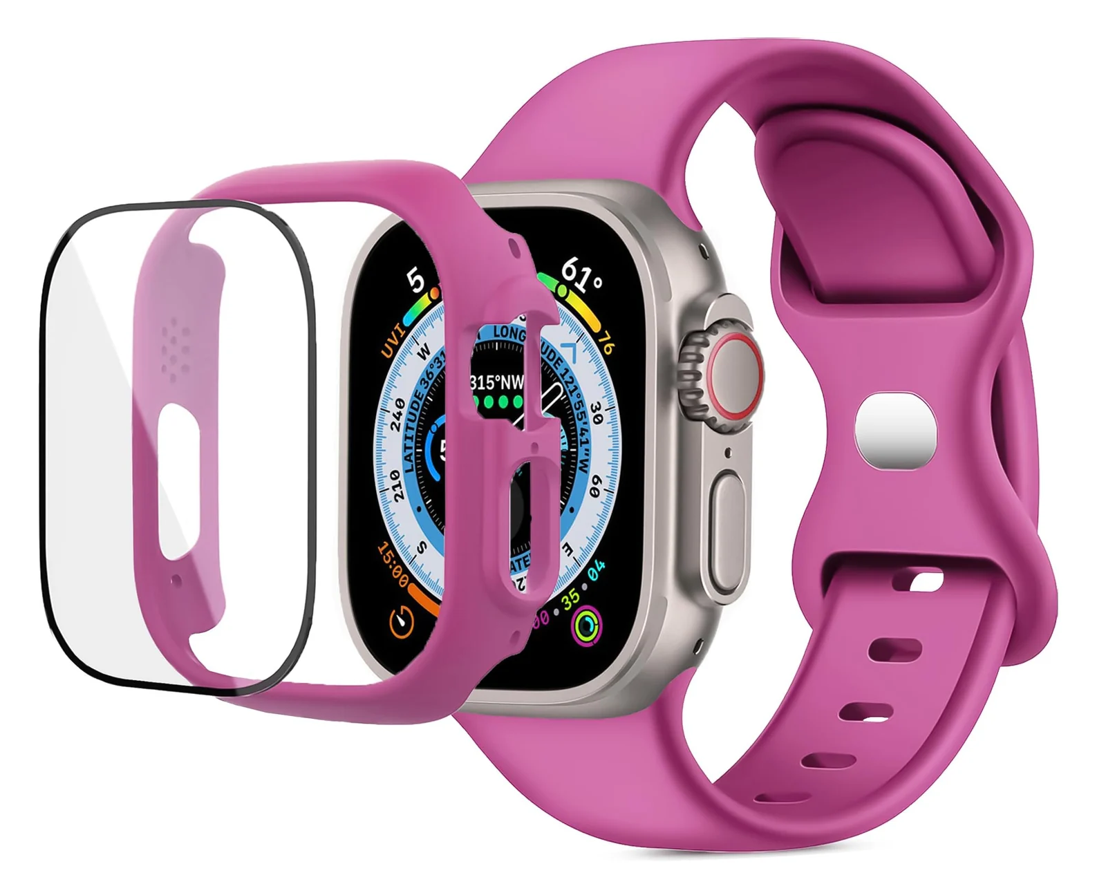DL3 Mobilak Band with Case For Apple Watch Ultra/Ultra 2 49mm, Adjustable Silicone Sport Wristband Replacement, Strap With Cover Built-in Glass Screen Protector for iWatch Ultra 49 mm - Neon Pink
