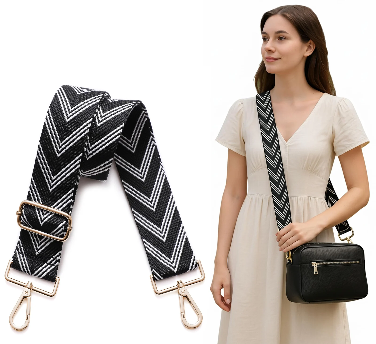 DL3 Mobilak Adjustable Wide Crossbody Bag Strap for Women, Replacement Shoulder Strap for Handbags, Totes & Purses with Elegant Embroidered Pattern and Metal Hooks - Arrow Black