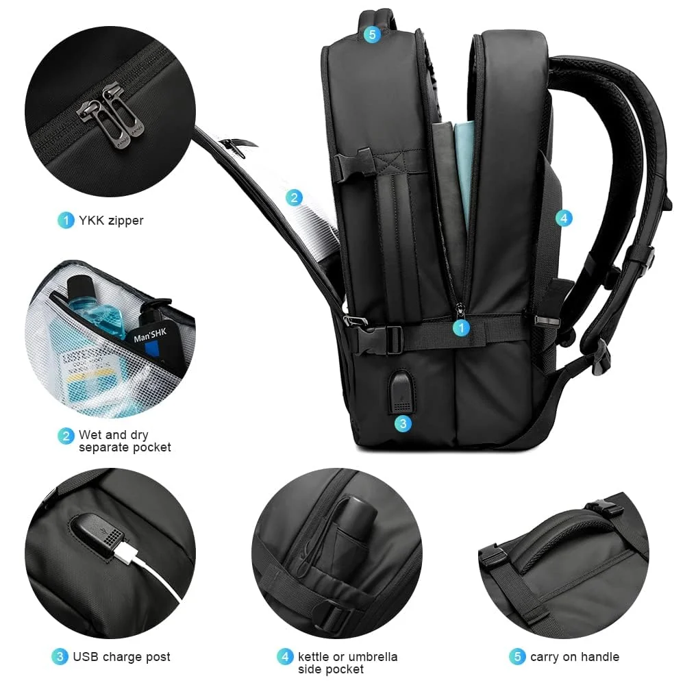 Mobigon Men's Big Travel Backpack with USB Charging Port, 18 Inch Laptop Backpack, Waterproof Leather Business Rucksack, Carry On Big Bag with Anti-Theft Pocket & Luggage Strap - Black