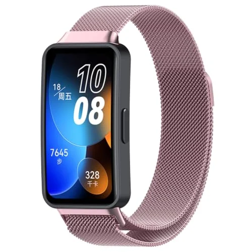 Dl3 Mobilak Replacement Band for Huawei Band 10/9/8 Replacement Strap Magnetic Metal Stainless Steel Mesh Replacement Strap for Men and Women Huawei Band 8/9/10 (Pink)