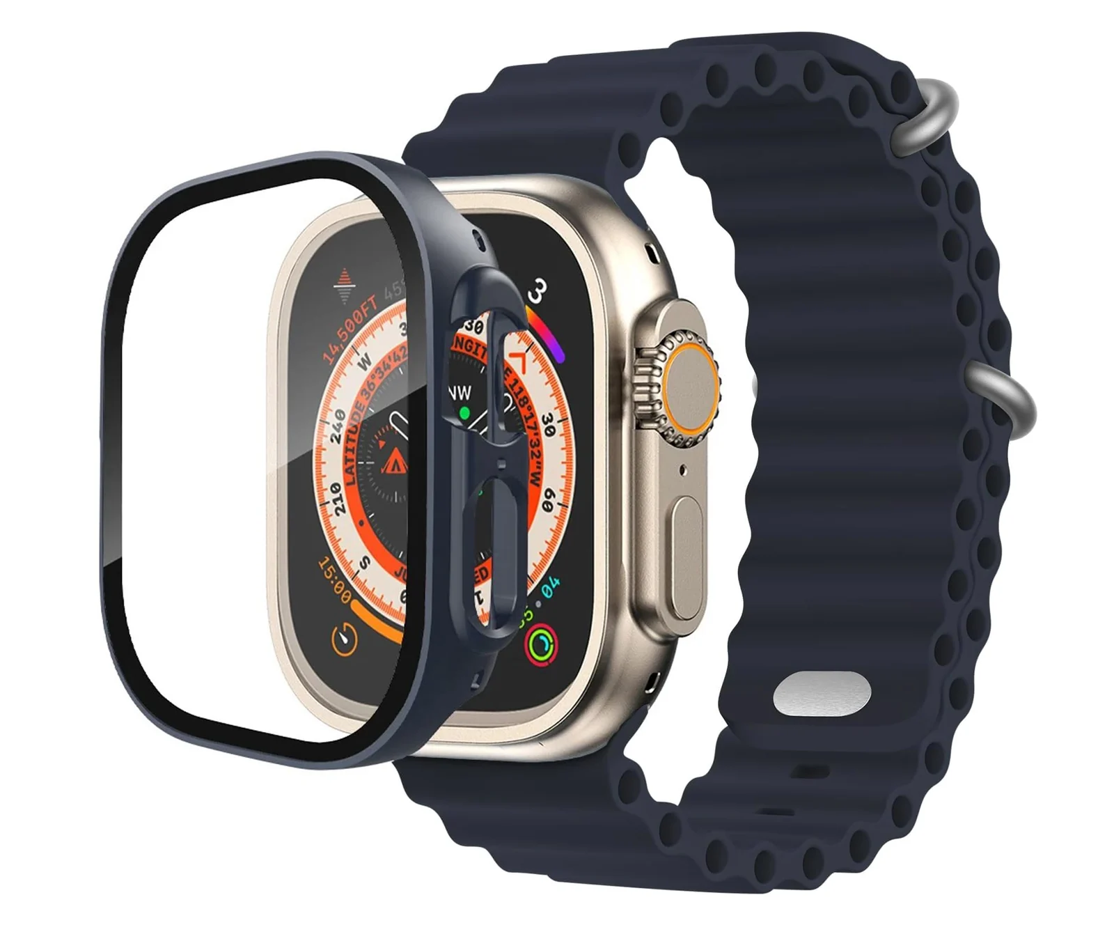 DL3 Mobilak Ocean Band with Case For Apple Watch Ultra 49mm, Adjustable Silicone Sport Loop Ocean Strap Men Women Strap With Protective Cover Screen Shockproof for iWatch Ultra 2 49mm - Midnight Blue