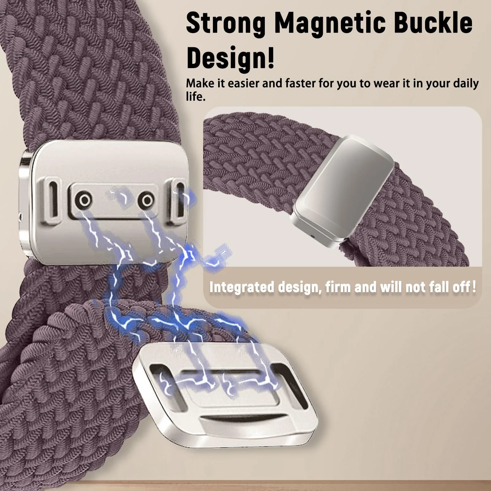 DL3 Mobilak Braided Bracelet Compatible with Redmi Watch 4/5 / 6 / Xiaomi Smart Band 8 Pro/Band 9 Pro, Nylon Magnetic Fabric Elastic Sport Nylon Replacement Strap for Men Women - Smoke Violet