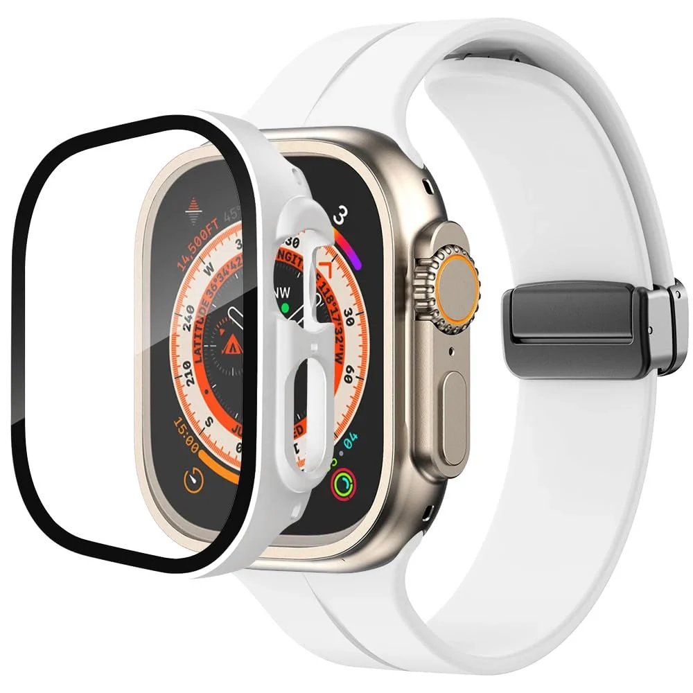 DL3 Mobilak Silicone Magnetic Band with Case For Apple Watch Ultra 49mm, Soft Sport Silicone Replacement Wristband Strap with Protective Bumper Cover for Apple Watch Ultra 2 Ultra 49mm - White