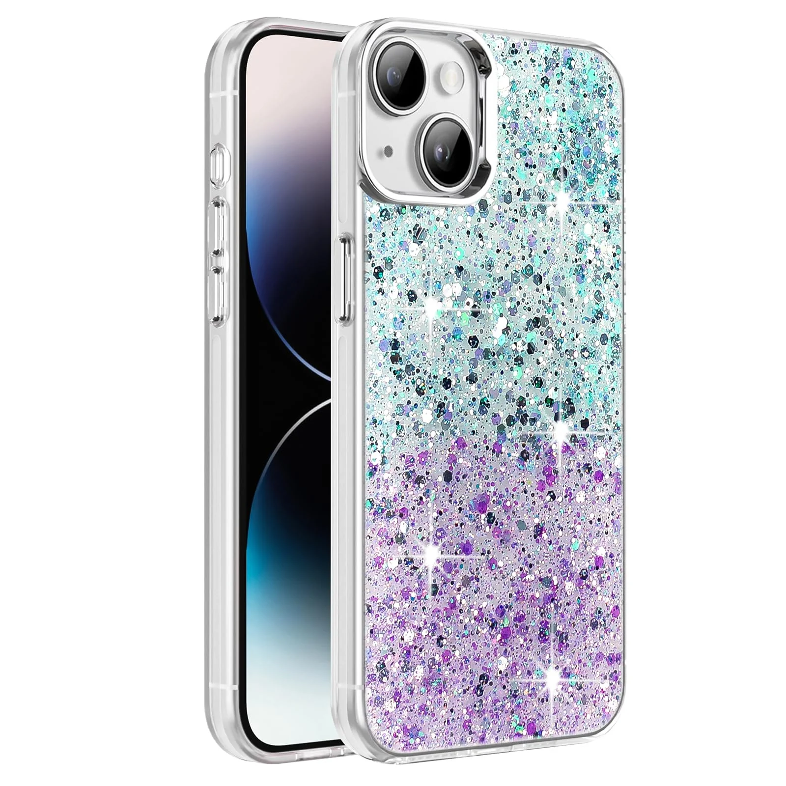 DL3 Mobilak Glitter Protective Case for iPhone 14 / iPhone 13, Supports wireless charging, Camera protection, Shock-absorbing protection - Green Purple