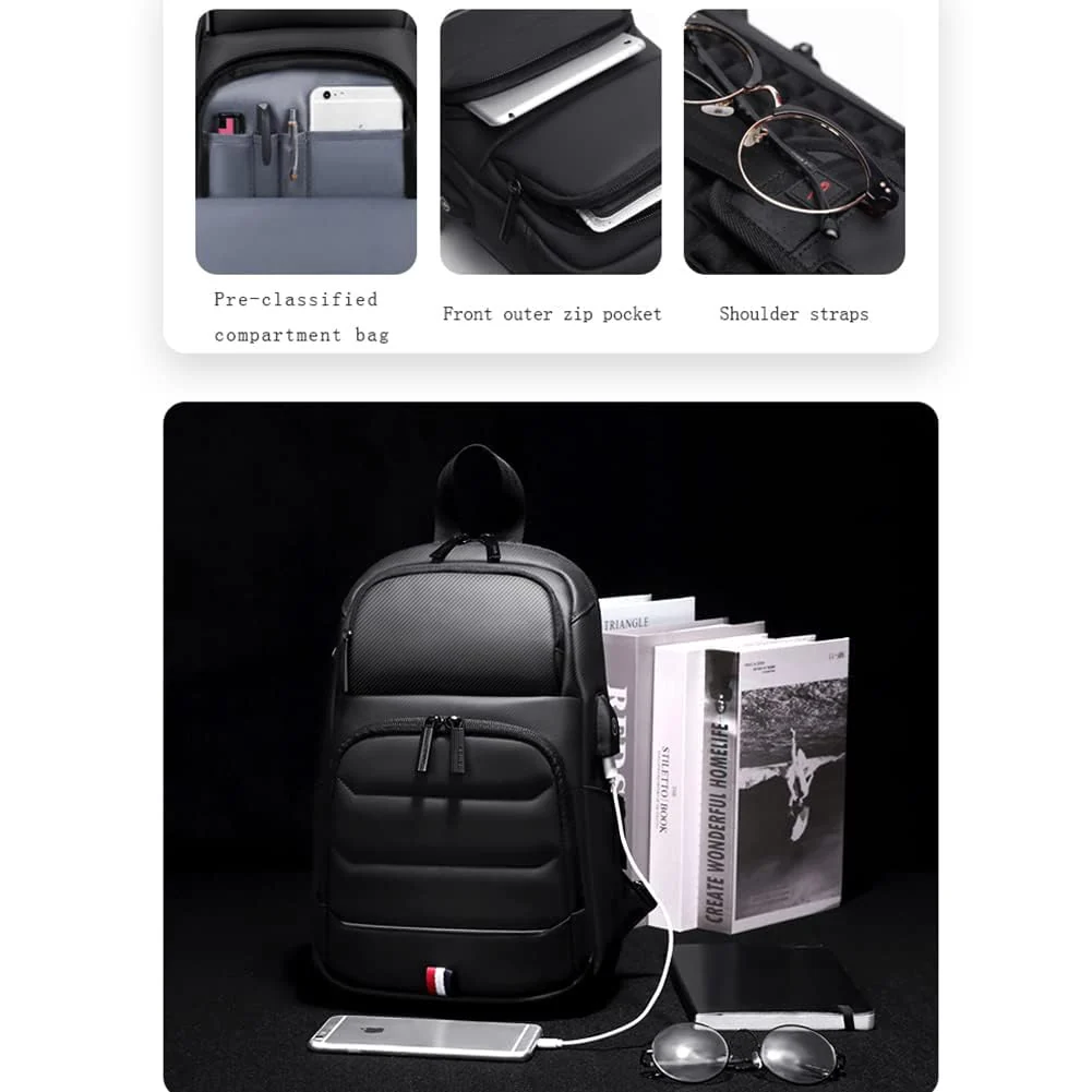 Mobigon Laptop Sling Backpack Anti Theft Bag, Hiking Daypack 12 Inch Fits iPad - Tablet 7 to 9.7 Inch Waterproof Nylon Crossbody Bags for Men, Single Shoulder Camping Dayback with USB Port - Black