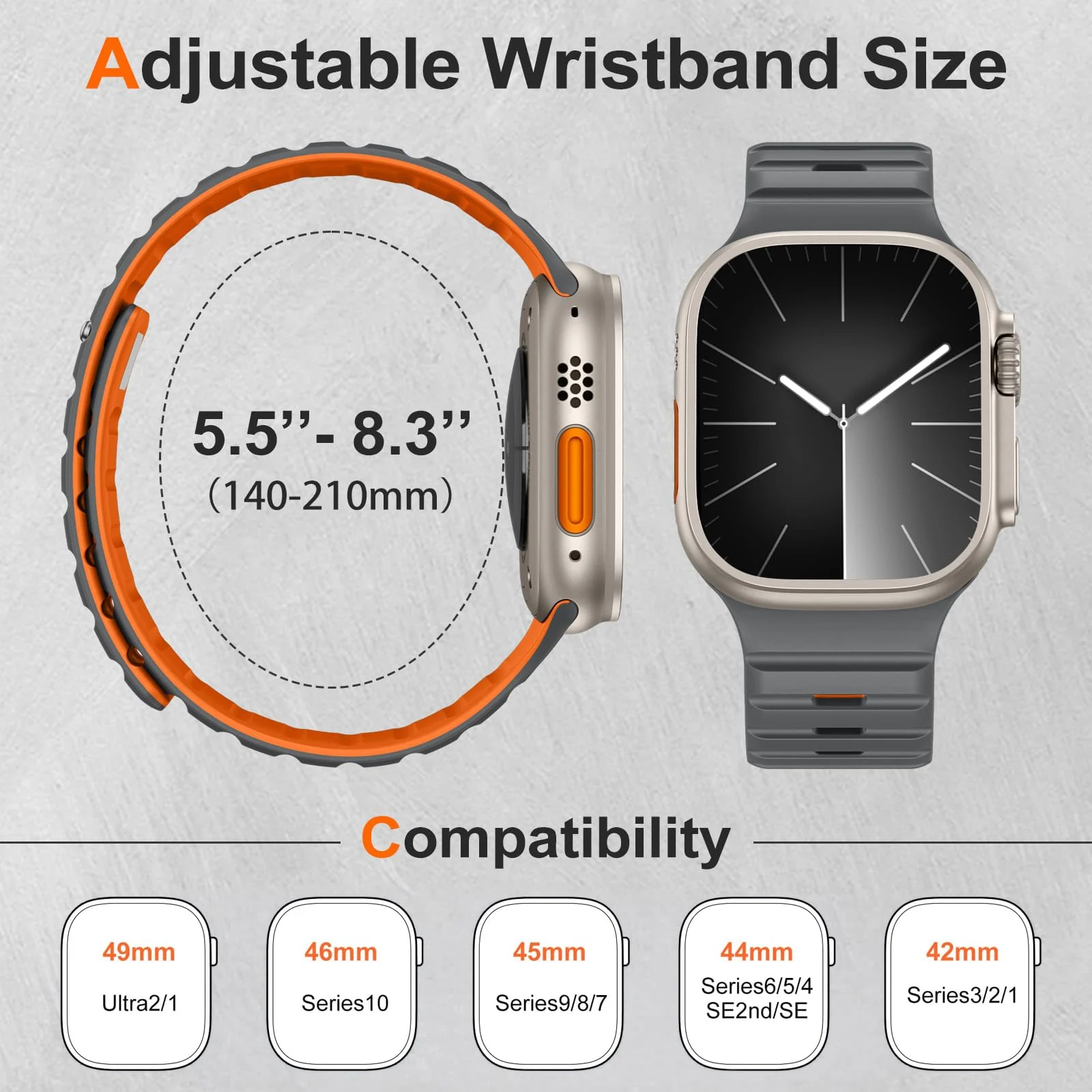 DL3 MOBILAK Adjustable Silicone Sports Watch Strap for 49MM - Gray/Orange