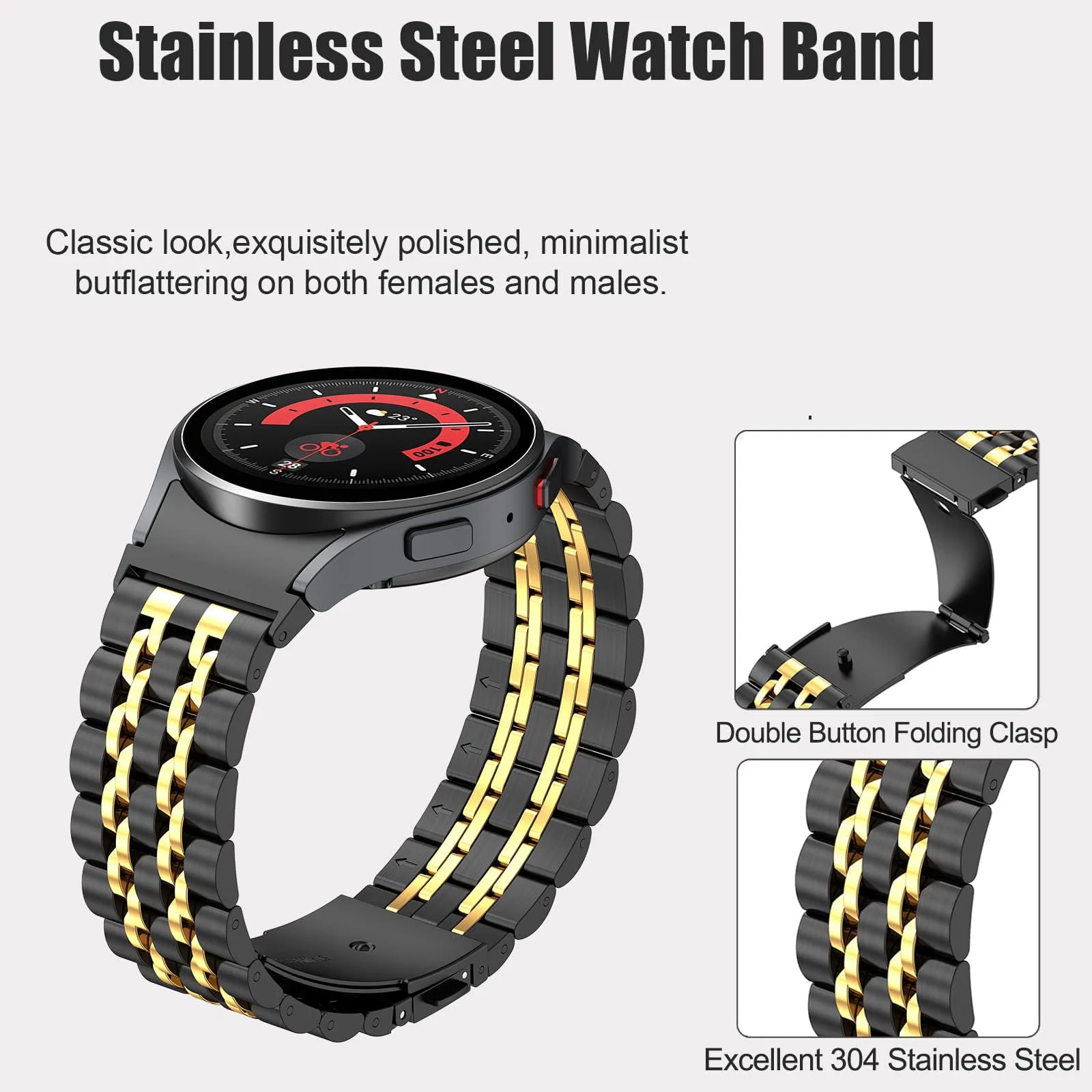 DL3 Mobilak Metal Band 20MM Strap for Samsung Gear Sport, Watch 4/5/5 Pro, S2 Classic, Active 2 40mm 44mm, Amazfit GTS 3/4/4 Mini, Bip 3/Pro/U, GTS 2 Mini/2e - Black & Gold