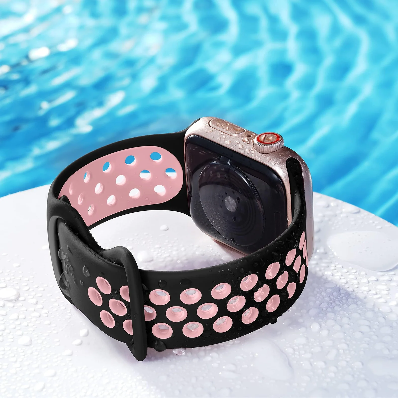 DL3 Mobilak Sport Strap For Apple Watch 49mm 45mm 44mm 42mm 41mm 40mm 38mm, Breathable Silicone Double Hole Band, for iWatch Ultra 2 Series 9 8 7 6 5 4 3 SE (&, 38mm/40mm/41mm) - Black & Pink