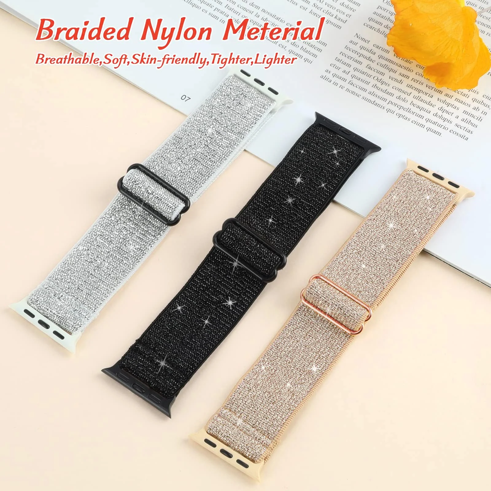 DL3 Mobilak Nylon Solo Loop Stretchy Straps For Apple Watch Band 49mm 45mm 44mm 42mm 41mm 40mm 38mm, Elastic Wristbands for Series 8 9 Ultra 7 6 5 4 3 2 1 (Shiny, 42MM/44MM/45MM/49MM) - Shiny Rose Gold