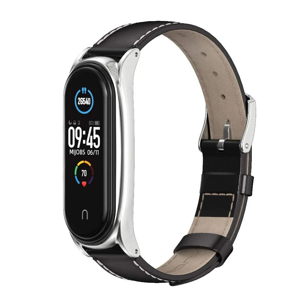 DL3 Mobilak Strap for Mi Band 6, Mi band 5, Mi Band 4, Mi Band 3 Genuine Leather Replacement Strap Watch Wrist Band Smart Bracelet Accessories for Xiaomi Mi 6 5 4 3 Fit Band - Black