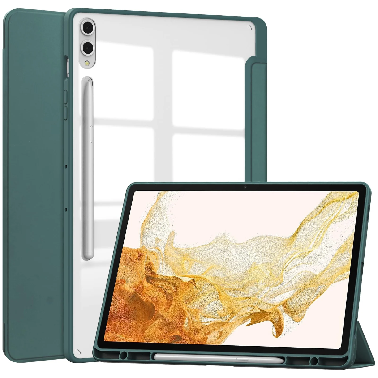 DL3 Mobilak Case for Samsung Galaxy Tab S10 Plus/Tab S9 Plus 12.4-Inch with S Pen Holder, Clear Transparent PC Back, Shockproof Tri-Fold Stand Tablet Cover, Auto Wake/Sleep - Green