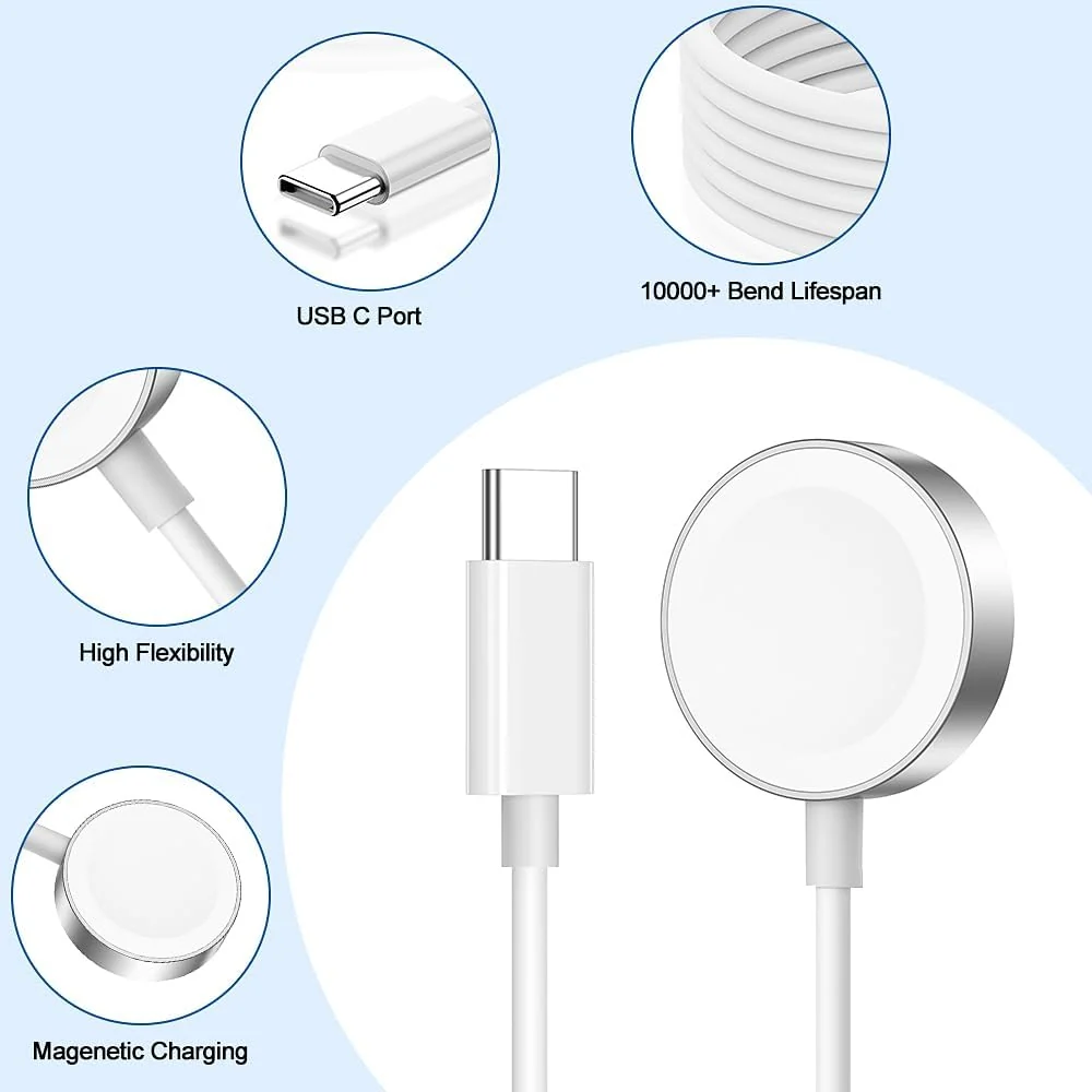 DL3 Mobilak 2025 Upgraded Metal Magnetic Charging Cable for Apple Watch Charger, [USB-C Port] Wireless Charging Cable Compatible with iWatch Series Ultra/10/9/8/7/6/SE/SE2/5/4/3/2 [1M] - White