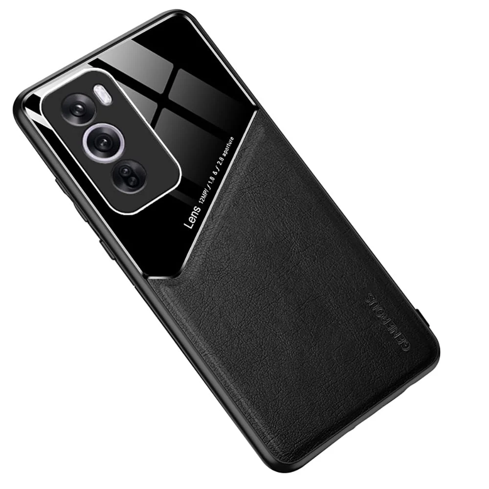 DL3 Mobilak Faux Leather and Plexiglass Protective Case with TPU Frame and Magnetic Car-Mount Support for OPPO Reno 12 Pro 5G - Black
