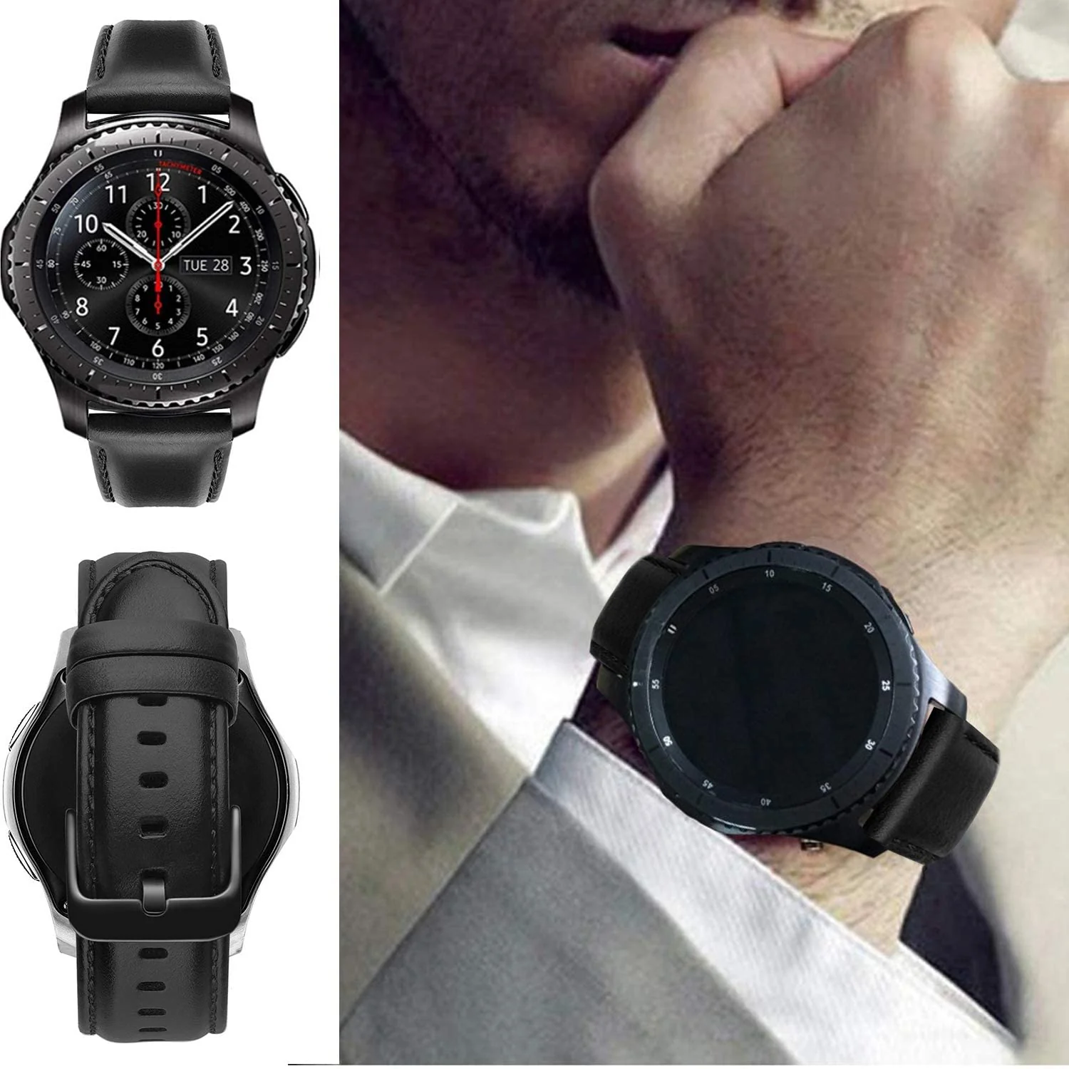 DL3 Mobilak Leather Band 20MM Strap For Samsung Gear Sport/Watch 4/Watch 5/5 Pro /S2 classic/active 2 40mm 44mm/Amazfit GTS 3/ GTS 4/4 Mini/Bip 3/Pro/GTS 2 mini/GTS 2e/Bip U/UPro - Black