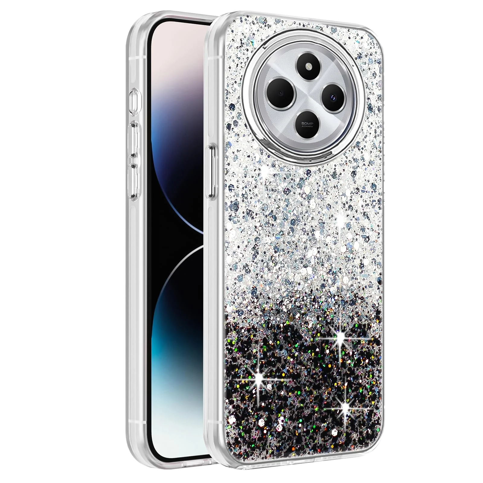 DL3 Mobilak Glitter Protective Case for Xiaomi Redmi 14C 4G / Poco C75, Supports wireless charging, Camera protection, Shock-absorbing protection - White Black