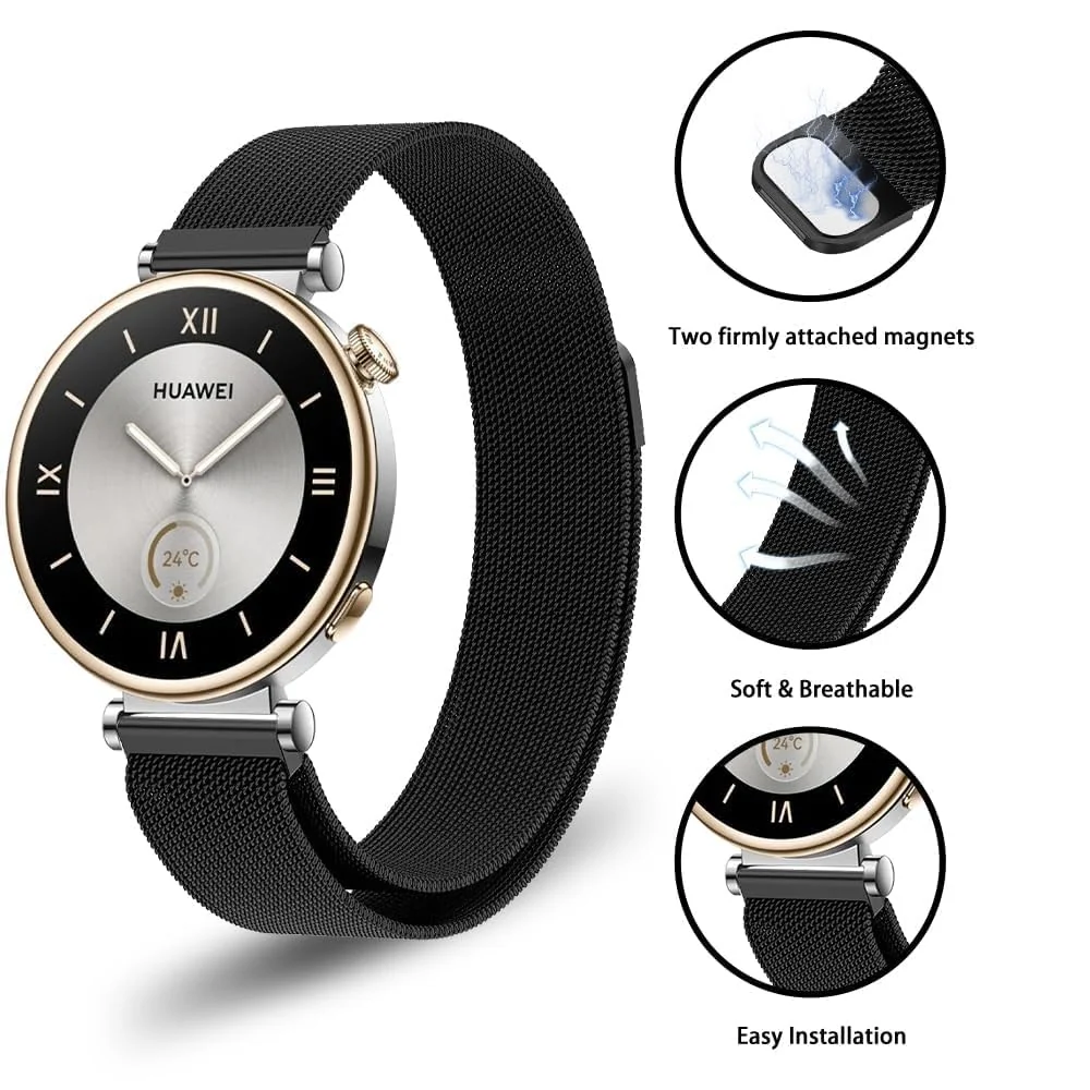 MOBIGON 18mm Magnetic Milanese Steel Watch Strap for Huawei GT 4 / 5 / 6, Watch 5, Garmin Venu 3S & Fossil Gen 6, Black