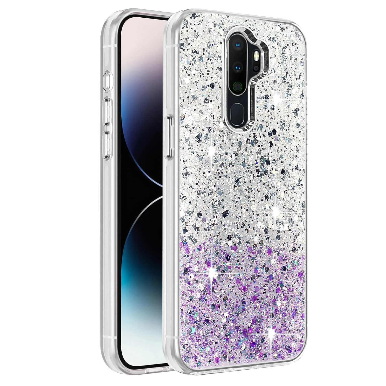 DL3 Mobilak Compatible with OPPO A9 2020 / OPPO A5 2020 Case, Clear Glitter Bling Sparkly, Soft TPU Frame Bumper, Hard-Back Cover for Women & Girls, Transparent Protective Phone Case - White Purple