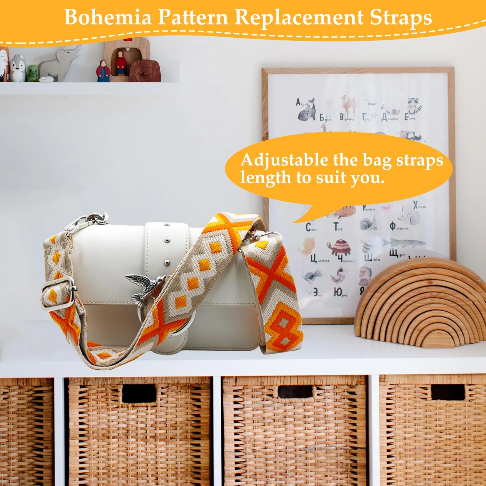 DL3 Mobilak Adjustable Wide Crossbody Bag Strap for Women, Replacement Shoulder Strap for Handbags, Totes & Purses with Elegant Embroidered Pattern and Metal Hooks - Orange Diamond