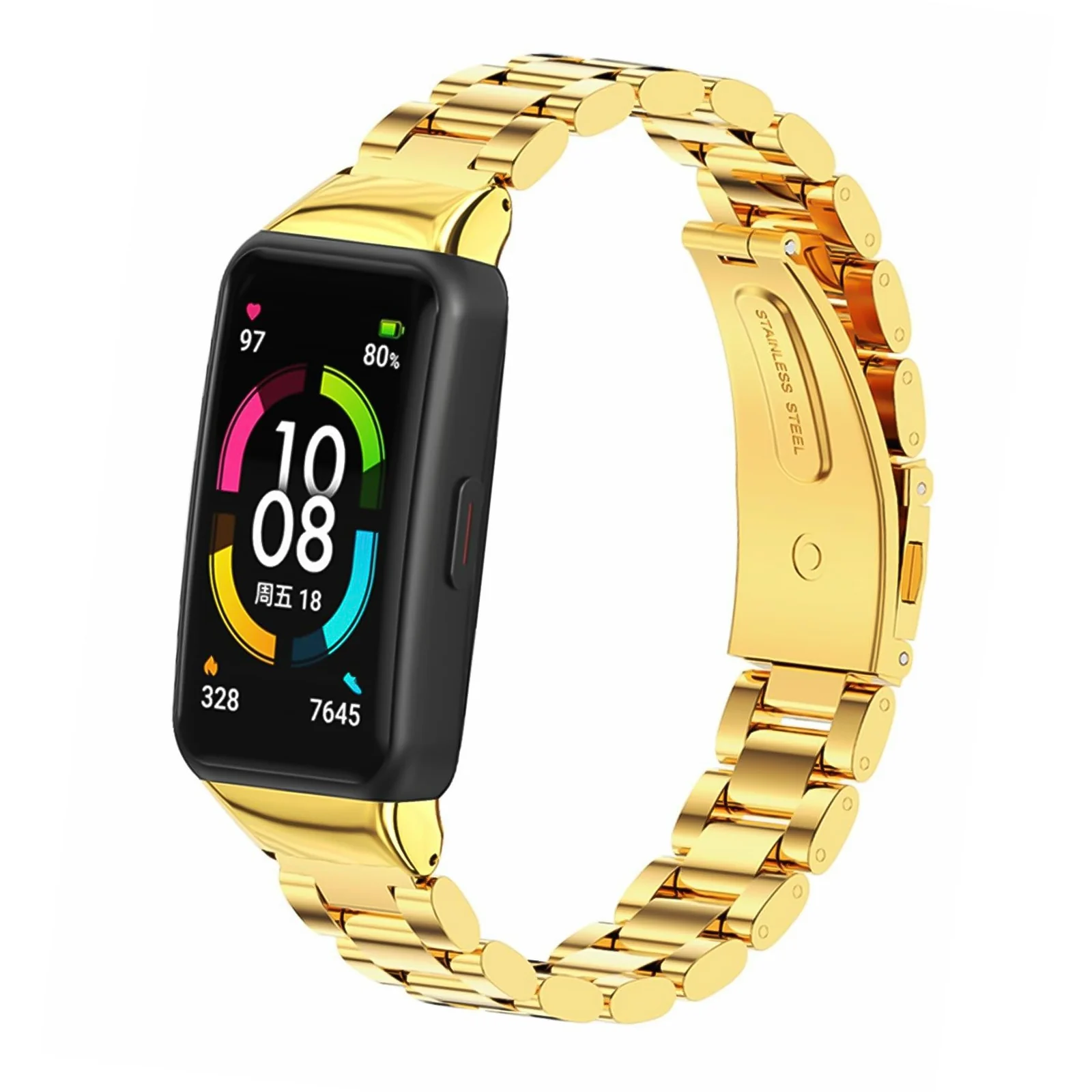 MOBIGON Stainless Steel Bracelet Strap with Double-Folding Clasp for Huawei Band 6 / HONOR Band 6 / HONOR Band 7, Gold