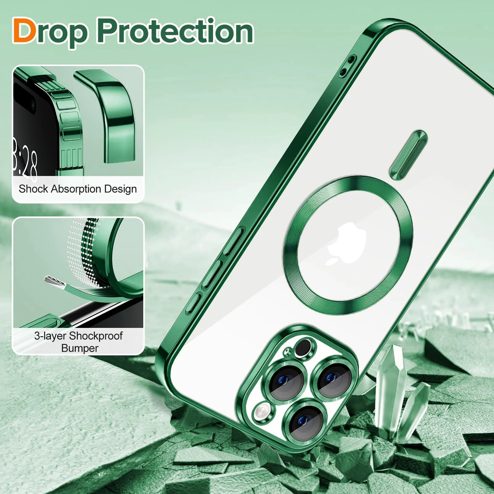 DL3 Mobilak Clear MagSafe-Compatible Magnetic Case for iPhone 16 Pro with Camera Protection and Shockproof Design - Green