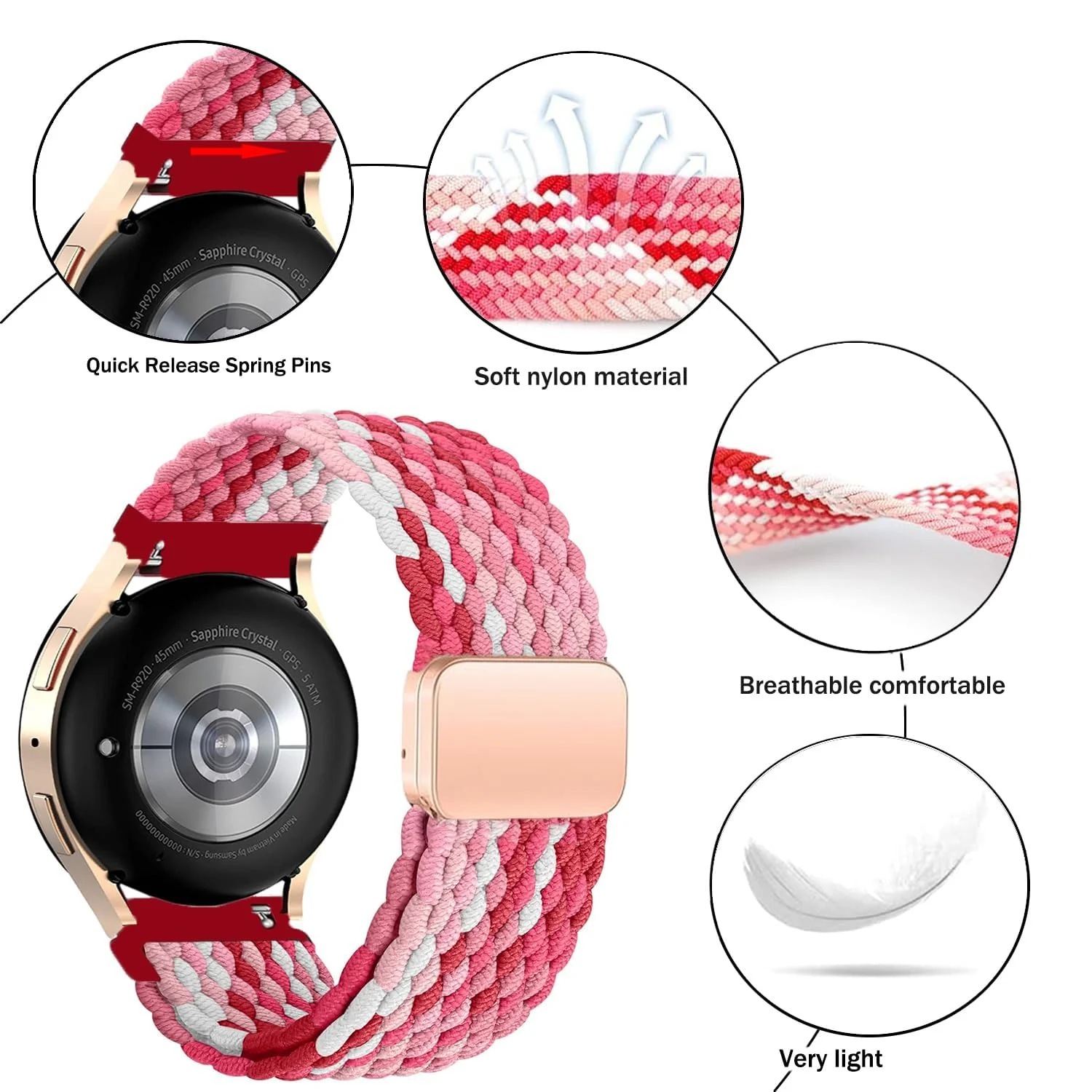 DL3 Mobilak 22mm Magnetic Band for Redmi Watch 5 Active/5 Lite/Samsung Galaxy Watch 3 45mm/Watch 46mm/Gear S3/Huawei watch GT6 GT5 46MM/GT2E/GT6 Pro/GT 5 Pro/Amazfit GTR 4/3, Stretchy Braided Nylon Sport Strap - Strawberry Red