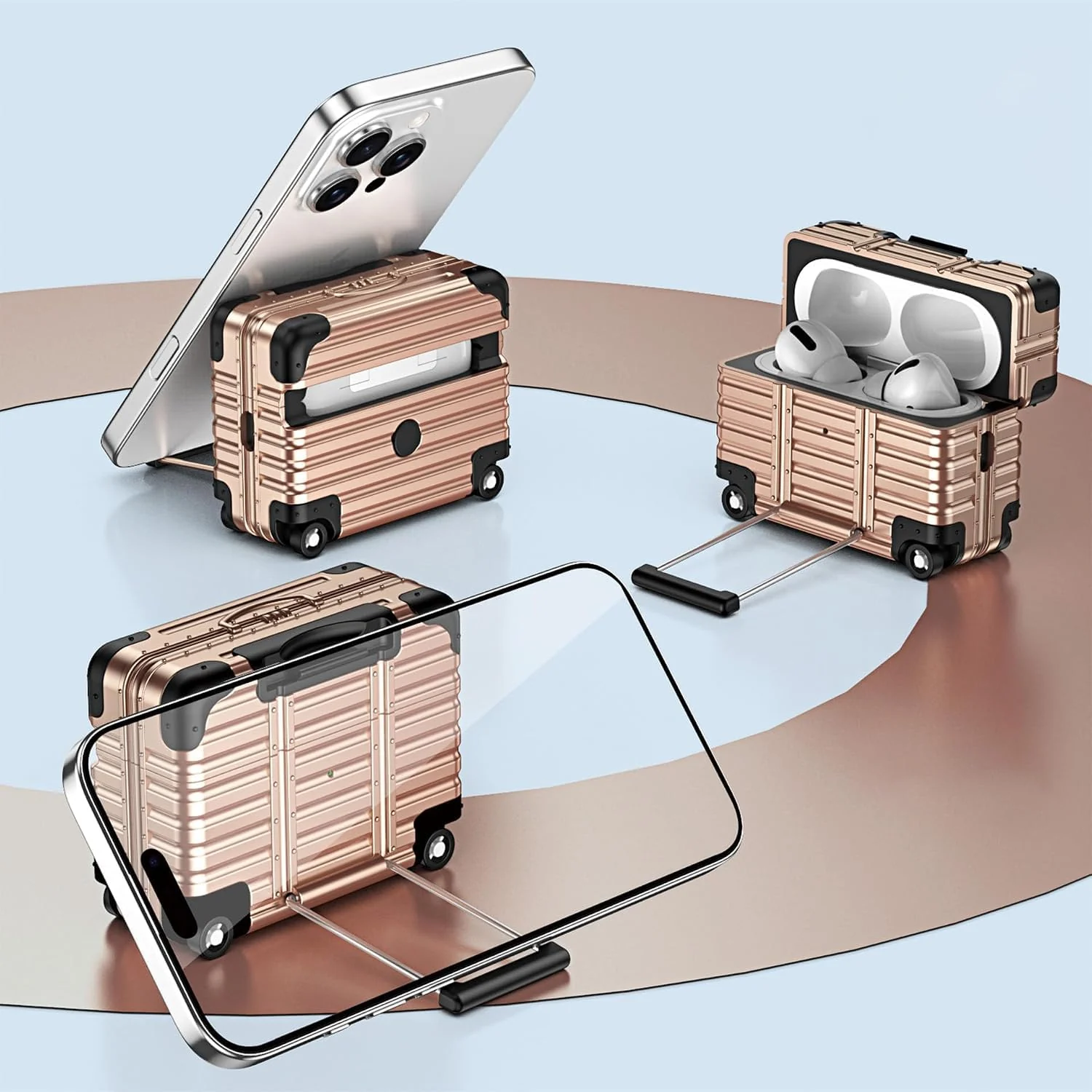 MOBIGON Suitcase-Style Hard Earbuds Case with Keychain for Apple AirPods Pro 1 / 2, Rose Gold