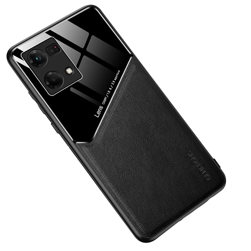 DL3 Mobilak Leather and PC Protective Case for OPPO Reno 8 4G / Reno 7 4G / F21 Pro 4G / F21S Pro 4G, Built-in magnetic car-mount support, Shock-absorbing protection - Black