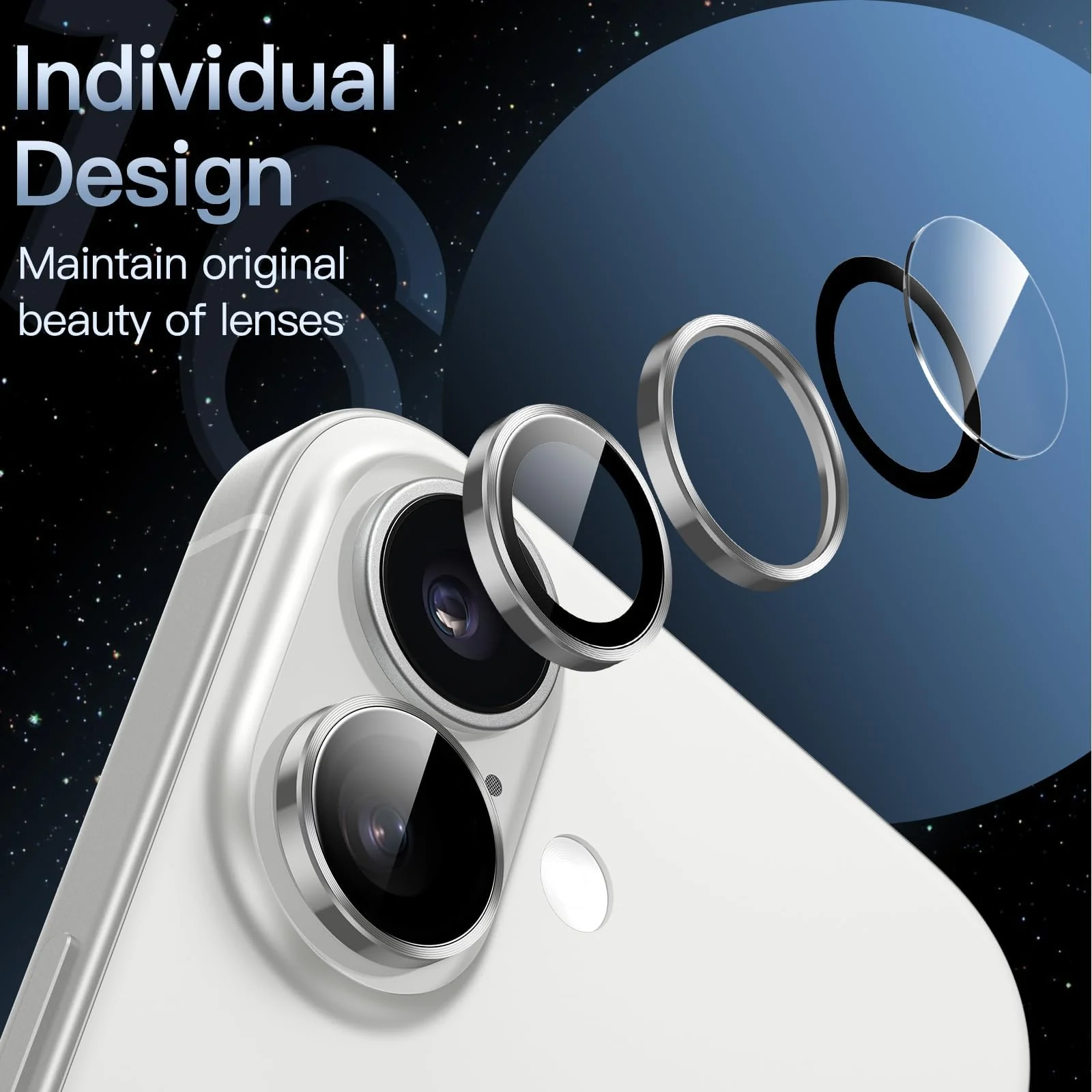 DL3 Mobilak Camera Lens Protector For iPhone 16/iPhone 16+ Plus, [Keep Original Shooting] Tempered Glass Screen Protector Metal Individual Camera Cover, Case Friendly - Silver