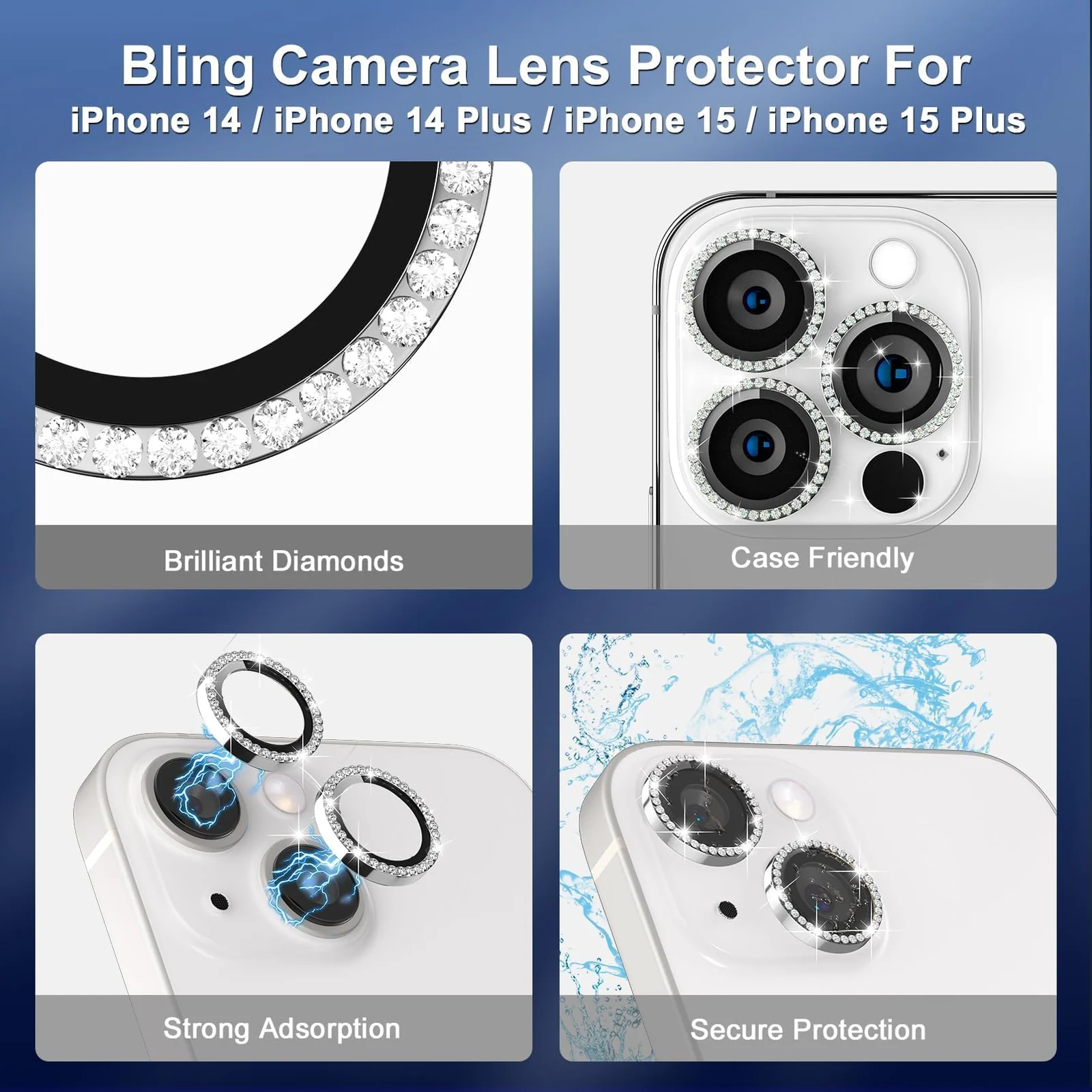 DL3 Mobilak Compatible with iPhone 15/15 Plus & iPhone 14/14 Plus Camera Lens Protector, Anti-Scratch HD Tempered Glass Lens Screen Protection Cover, Metal Individual Lens Ring - Diamond Silver